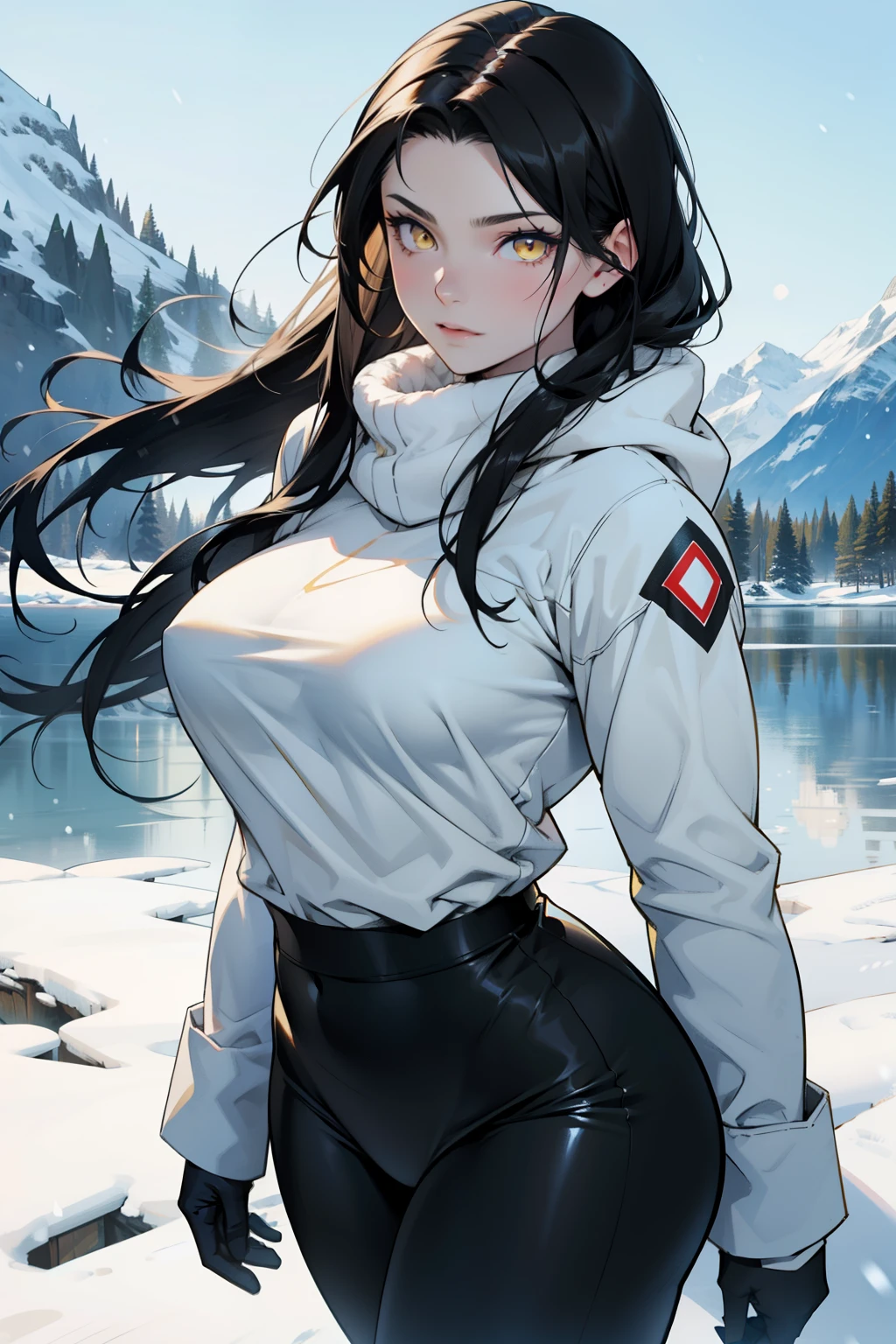 1 girl, black hair, yellow eyes, very long hair, pale skin, curvy, (extremely muscular), perky breasts, (winter clothes), frozen lake