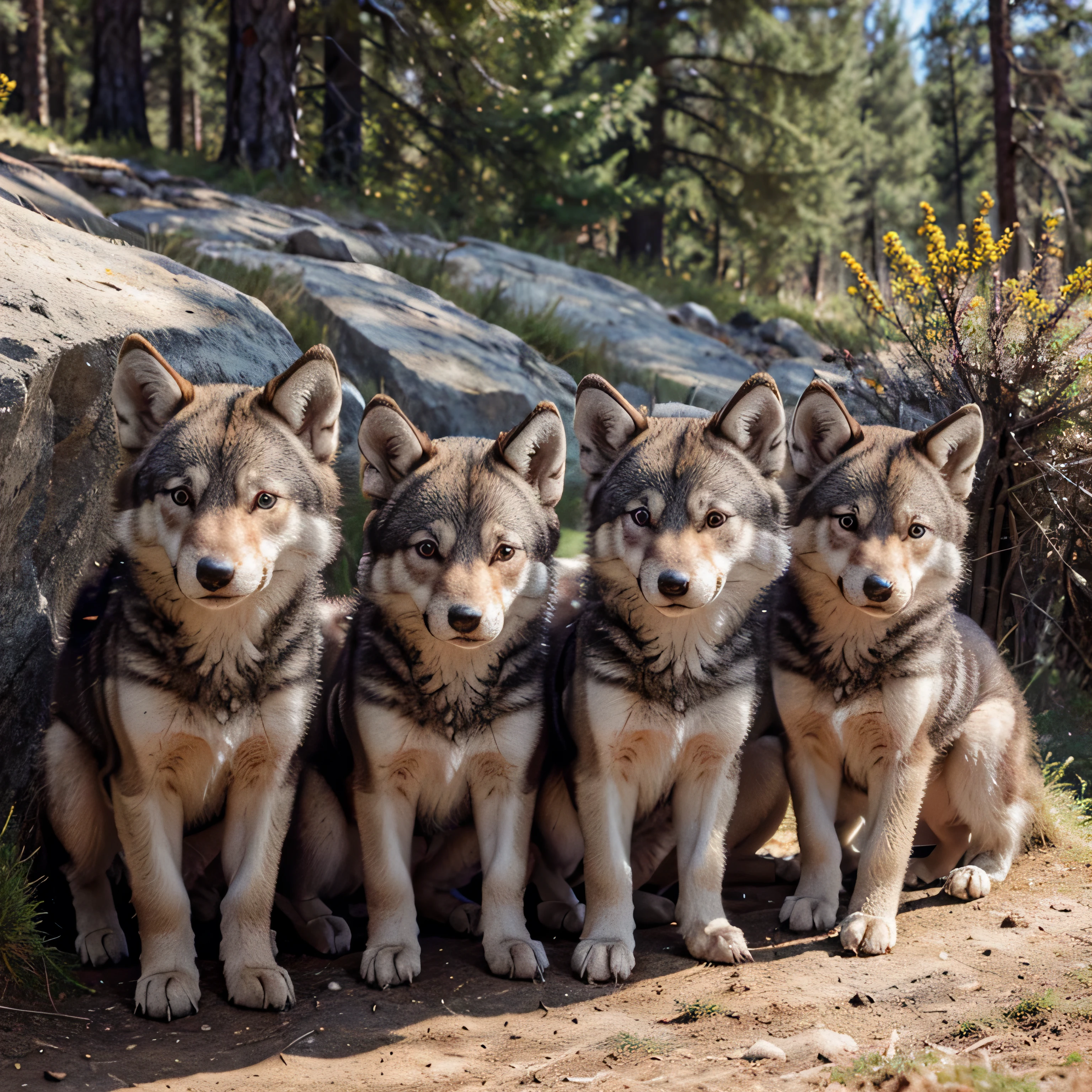 masterpiece, best quality, Photo-realistic, 4 wolf pups in the mountains, in the Spring