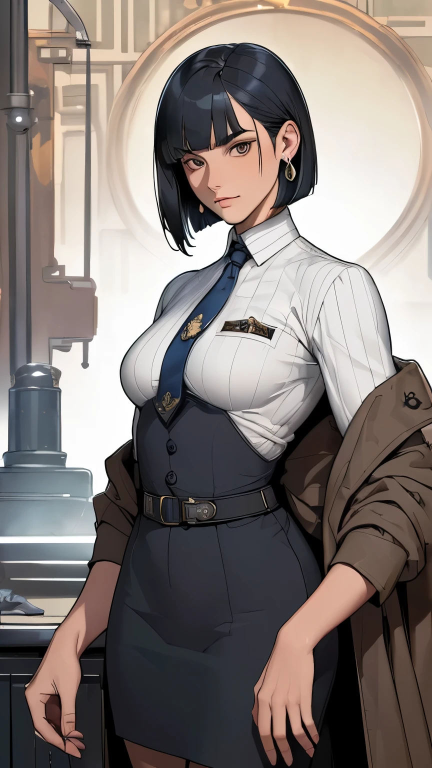 (masterpiece:1.3), (disorganized:1.3), (highest quality:1.3),(perfect anatomy:1.5),perfect finger,(detailed face), solo,1 middle age woman around 50 years old,(Steam Punk), (Victorian era),Old Hong kong,(Kowloon area),horizontal angle,((looking at viewer:1.3)), (Super detailed:1.3),(best shadow:0.7),(small breasts),((angled bob cut)),(blunt bangs),fine eyes, beautiful eyes, 1 mature woman, ((saggy small breasts)),((muscular)),dark skin,alone, standing, crystal earrings,closed_mouth, arm_behind_return,Police officer uniform,insignia,skirt,white shirt,tie,jacket,rest outdoors, intimidating pose,cowboy shot