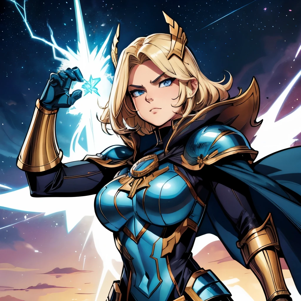 A comic book character in the style of Jack Kirby's New Gods.blonde haired norse goddess wearing a helmet, dark blue armor with gold trim, armored Gauntlet. cape with star-field. She has a stern expression. Winged helmet. Posed with arm raised Shooting lightning from hand.