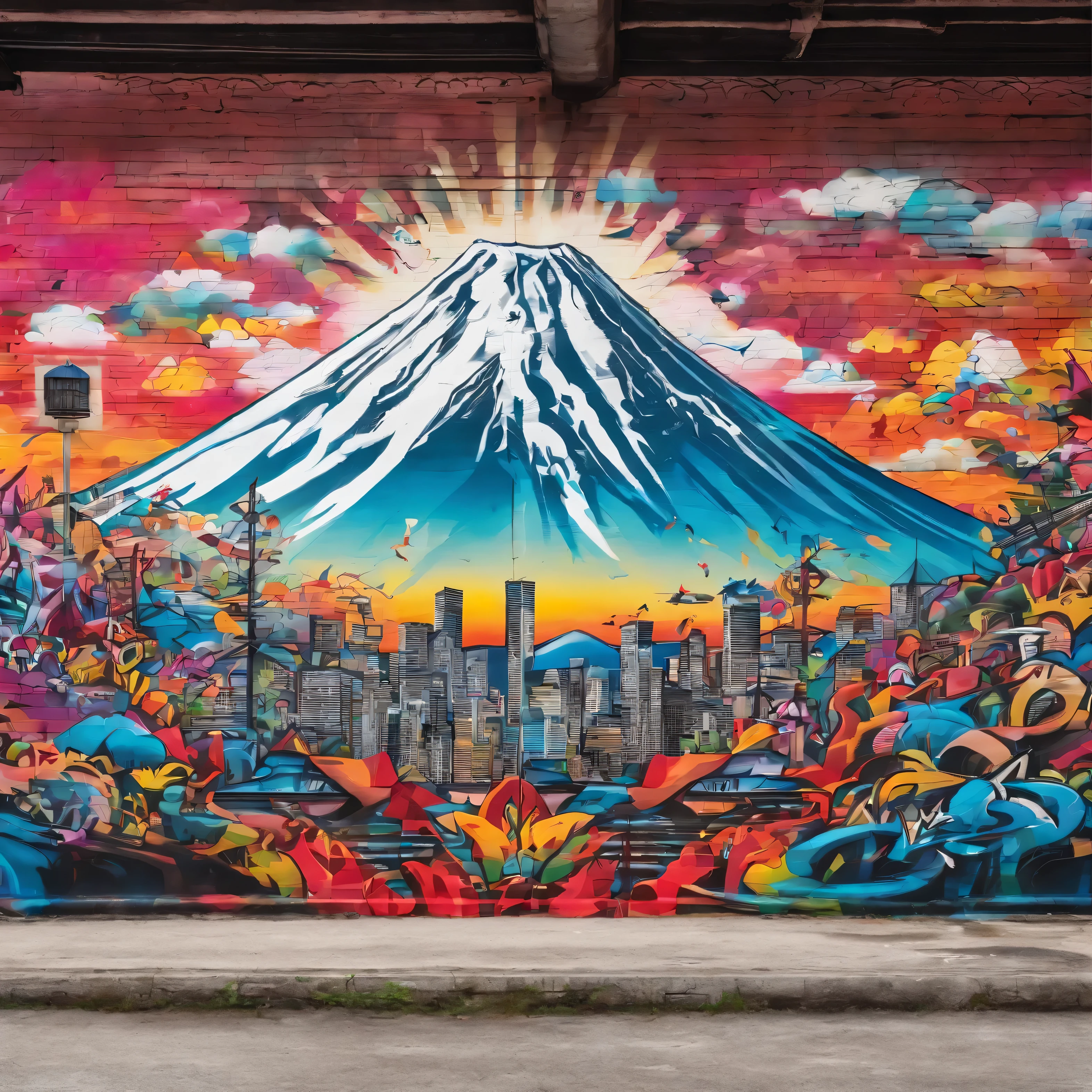 GROUND shot view, URBAN GRAFFITI DRAWING OF the mount fuji on the WALL OF A BUILDING, realistic style、SPRAY PAINT, (graffiti wall)、UTRA DETAILED mount, ULTRA DETAILED snow, hyper-detailed art、award-winning work, IMPACTFUL VISUAL, outdoor ARTWORK, CINEMATIC LIGHTING, ARTISTIC DETAILS, DYNAMIC SHADOWS ,ATMOSPHERIC EFFECTS, GRAFITI TEXTURES, HIGH-DEFINITION, IMMERSIVE ENVIRONMENT, SUBTLE COLOR GRADING, AUTHENTIC ATMOSPHERE, DETAILED TEXTURES, award winning ARTWORK, MASTERPIECE ARTWORK, trending on artstation, HDR, UHD, 4K, BY EDUARDO KOBRA.
