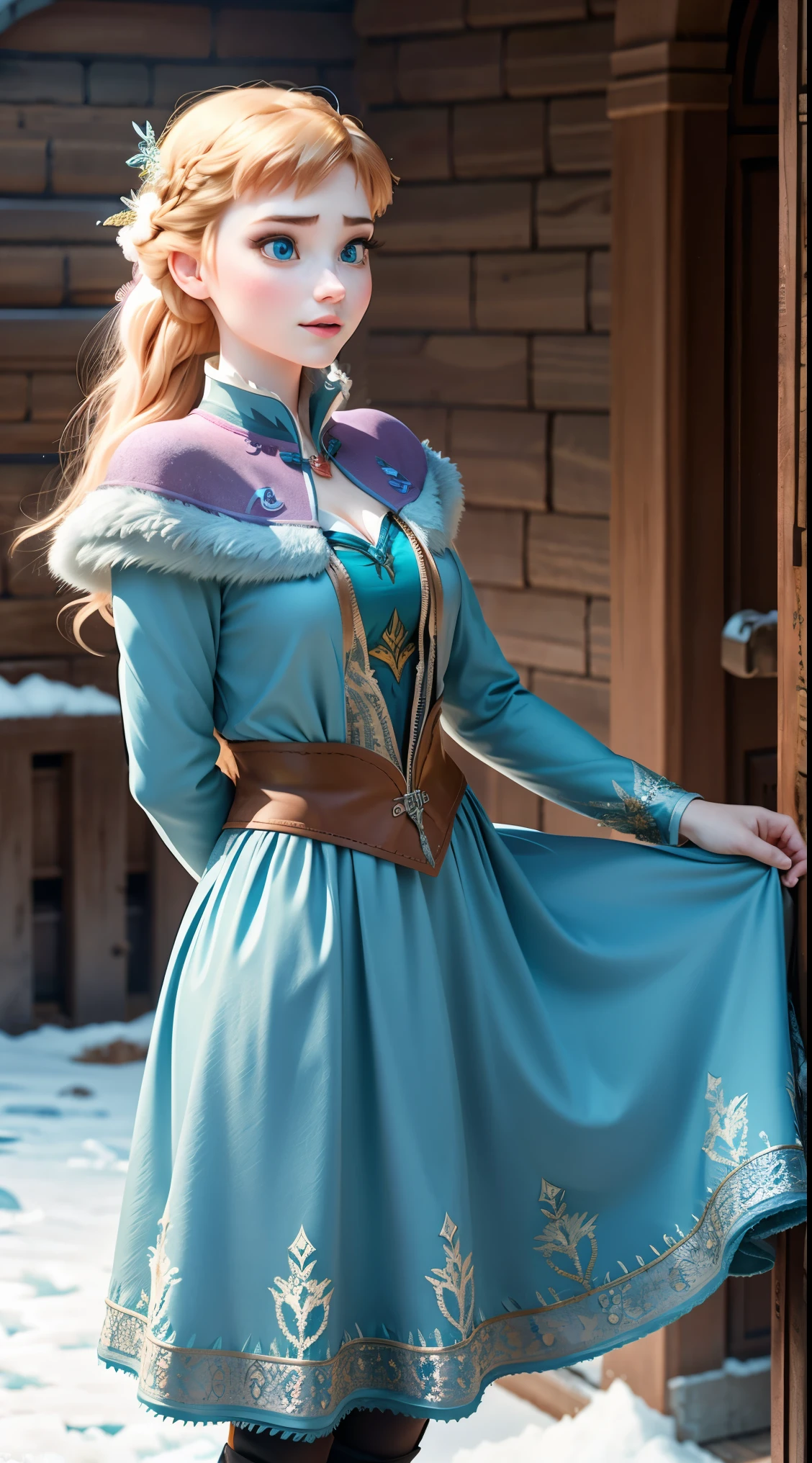 Photo of Anna of Arendelle as a Modares, Modares, Modares clothes, Little dress,  Anna from Disney&#39;s Frozen, long and sexual, great face, perfect body, Provocative, Nice - good, Breast width, Huge breasts, long, sexual legs, bursting Huge breasts, Wide hips, Bankrupt, sexual, huge breasts, happy, Full body view.Big ass