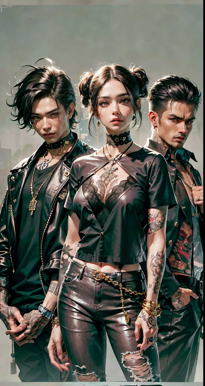 American street gang leader, A group of gang members stood behind,angry look,Mixed Chinese and American races,The background is blurred out,focal,Movie Lighting,(((tmasterpiece))), ((best qualtiy)), ((Complex and detailed)), ((ultra-realistic realism)), Ridiculous resolution, A MILF, Mature woman, ssee-through, highly detailed, illustratio, 1girll, (mediuml breasts), Thin waist and thick hips,long leges,beatiful detailed eyes, short detailed hair, brunette color hair, a purple eye, (Gangster suit:1.2),jewelry,耳Nipple Ring,Bracelet,gyuru,choker necklace,seminude,stocklings,Lace,Tattooed with,tight-fitting,tattooed arms,Full of tattoos,American gangsters,Sexy and feminine,18th Street Gang,hip hop style,Almighty Latin king,(No underwear),pantiess, detailed back ground, perfect eyes, Seductive eye, (nice hand),Detail hands,looking at viewert,From the front,Wear light,Behind him stood a large group of subordinates,
