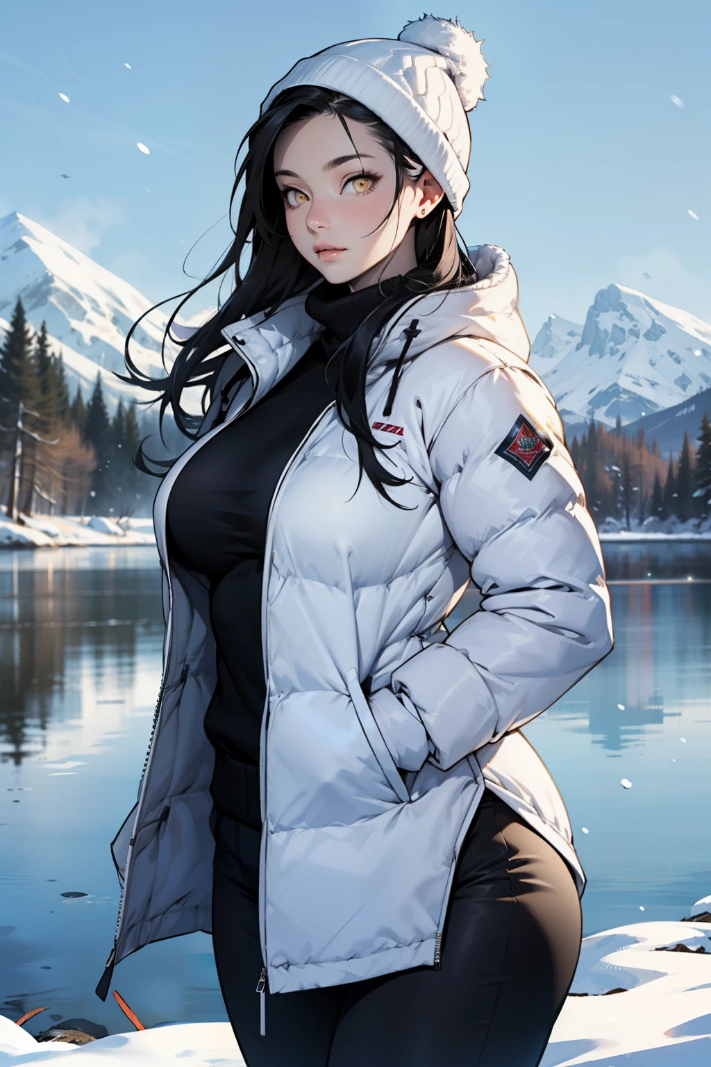 1 girl, black hair, yellow eyes, very long hair, pale skin, curvy, (extremely muscular), perky breasts, (winter clothes), frozen lake
