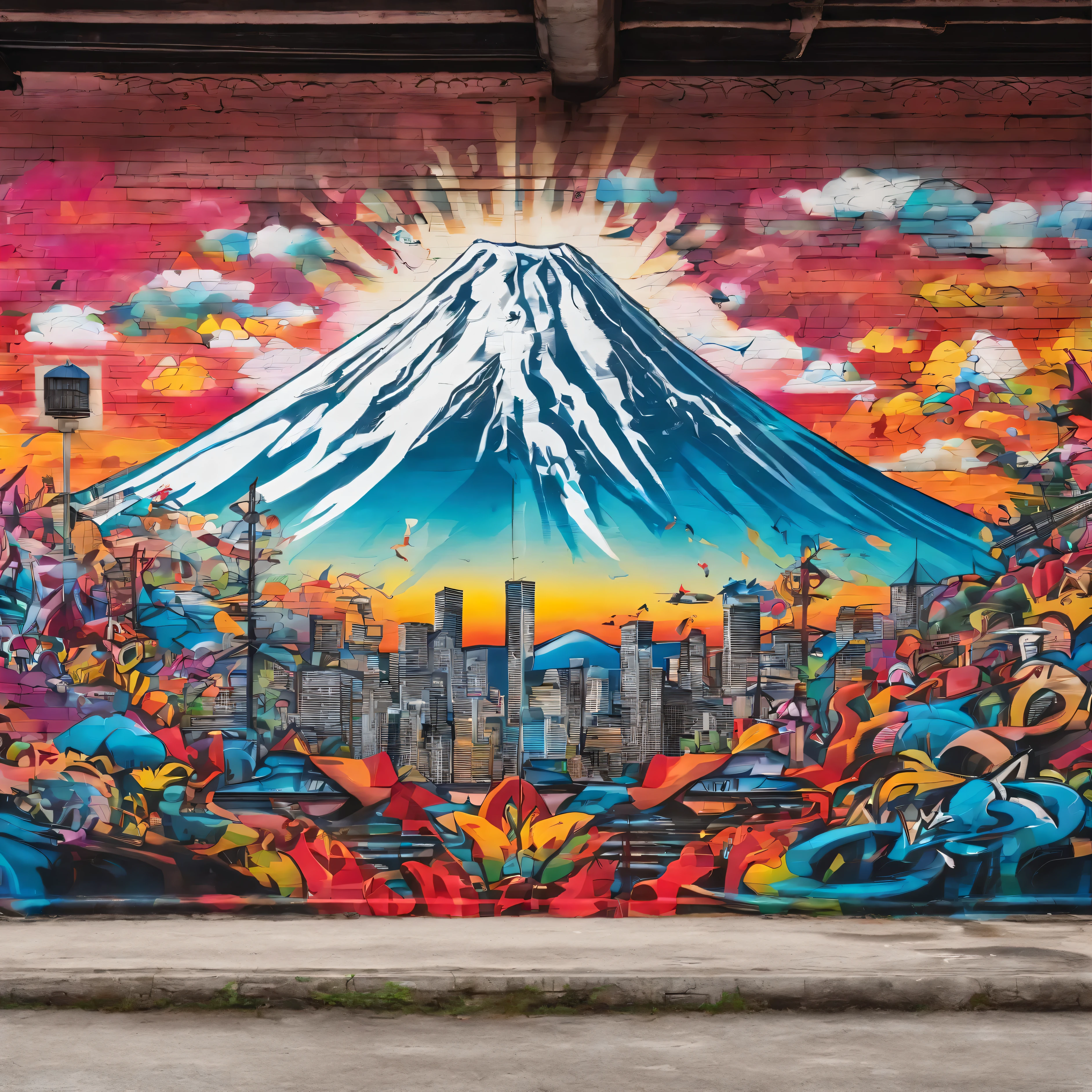 GROUND shot view, URBAN GRAFFITI DRAWING OF the mount fuji on the WALL OF A BUILDING, realistic style、SPRAY PAINT, (graffiti wall)、UTRA DETAILED mount, ULTRA DETAILED snow, hyper-detailed art、award-winning work, IMPACTFUL VISUAL, outdoor ARTWORK, CINEMATIC LIGHTING, ARTISTIC DETAILS, DYNAMIC SHADOWS ,ATMOSPHERIC EFFECTS, GRAFITI TEXTURES, HIGH-DEFINITION, IMMERSIVE ENVIRONMENT, SUBTLE COLOR GRADING, AUTHENTIC ATMOSPHERE, DETAILED TEXTURES, award winning ARTWORK, MASTERPIECE ARTWORK, trending on artstation, HDR, UHD, 4K, BY EDUARDO KOBRA.