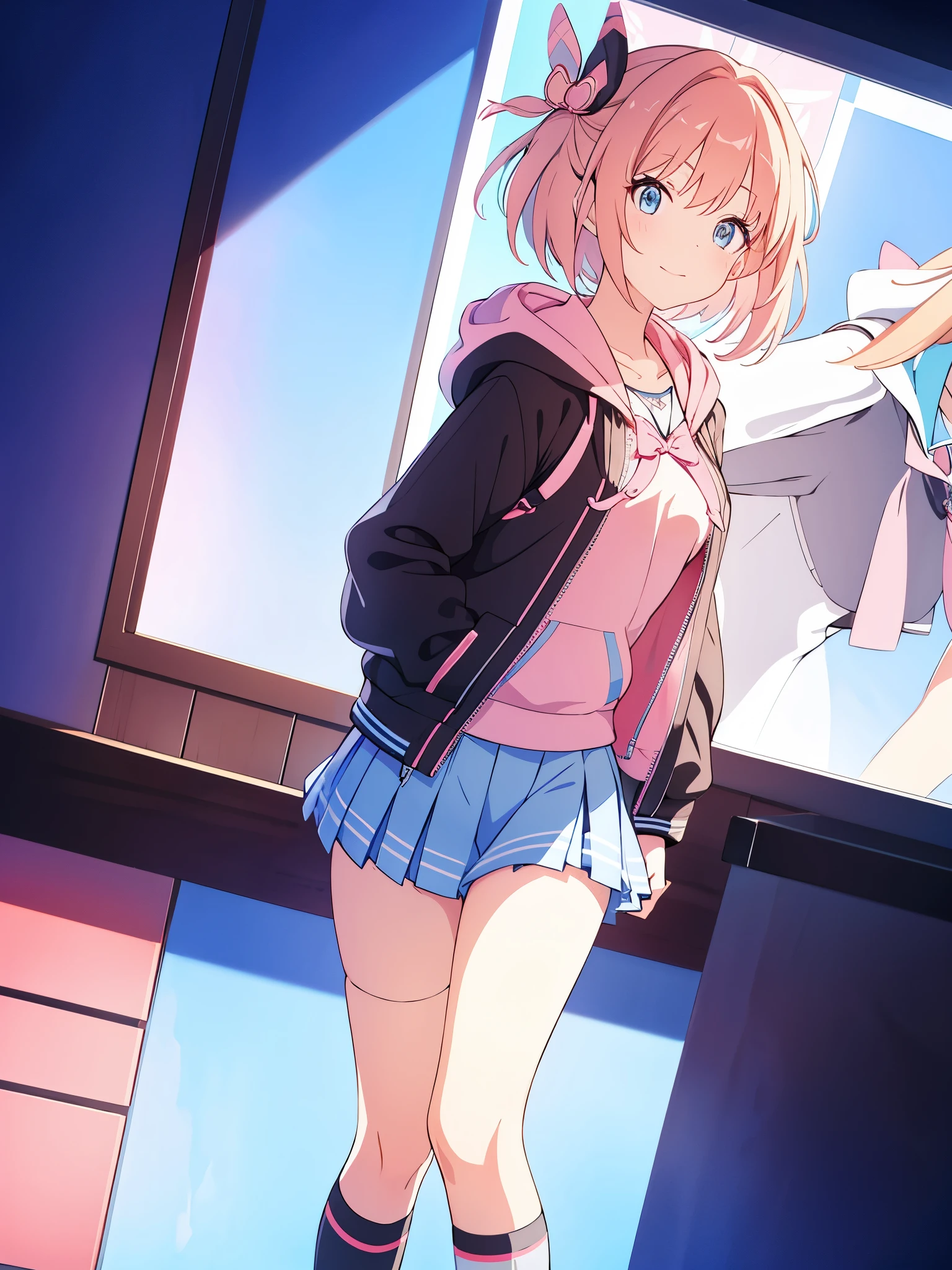 Beautiful vtuber girl short hair blue eyes pink hair in room with short black school skirt hoodie cute with white stockings pink tennis shoes with black