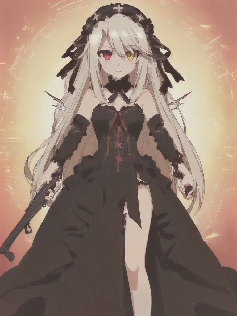 ((((gran calidad ++ Extremely detailed high resolution)))), (((very aesthetic))), ojos expresivos, (((Cara perfecta))), (((face symmetrical))), ((good anatomy)), (((manos perfectas))), (((8k))), UHD, Fondo de pantalla HD, (((alta calidra detallada, (((1girl))), ((((only silhouette)))), (((Date A Live))), (((Illyasviel von Einzbern))), (((fullbody))), ((((asymmetrical hair)))), ((((asymmetrical clothes)))), (((mature female))), (((blond and black hair))), ((((cuerpo completo)))), (((heterochromia))), (((cabello negro))), (((Milfication))), (((hembra madura))), (((hombros estrechos))), (((pechos grandes))), (((cintura estrecha))), (((lolita goth dress))), (((dress))), (((ribbon))), (((gothic fashion))), (((gothic))), (((Flintlock Pistol))), (((Musket))), ((((hands occupied)))), ((((holding arms)))), (((18 year old beautiful girl))), Dedos detallados, Dedos precisos, Manos no antinaturales, strange eye, ojos rojos, escote, colas gemelas de pelo negro,