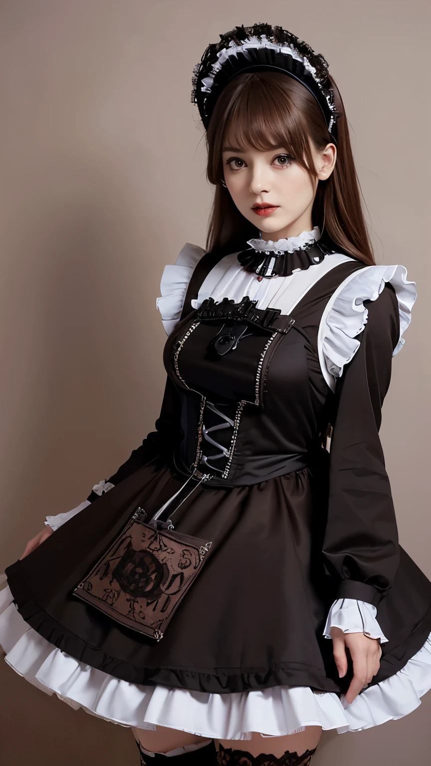 highest quality, masterpiece, 8k, Ultra-high resolution, (Realistic: 1.4), 1 girl, Beautiful Face, Symmetrical eyes, big, Perfect Body Proportions, ((Long Hair))、((Brown Hair:1.5)), maid Cafe、((Gothic ta maid outfit:1.4)), Viewer'sight, ((Indoors、Blurred Background:1.5)), Looking at the camera、Friendly smile、Seems kind、Cowboy Shot