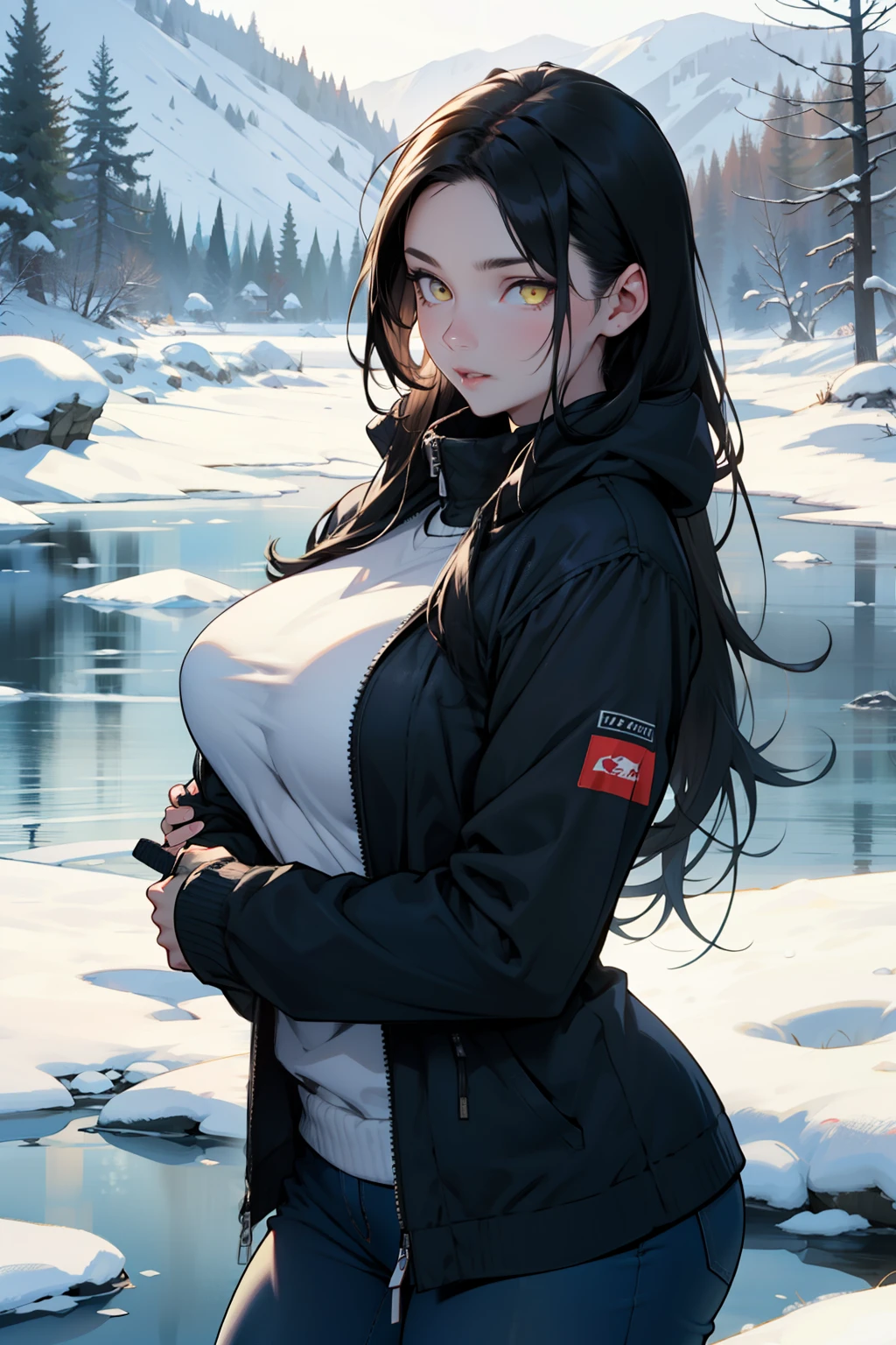 1 girl, black hair, yellow eyes, very long hair, pale skin, curvy, (extremely muscular), perky breasts, (winter clothes), frozen lake