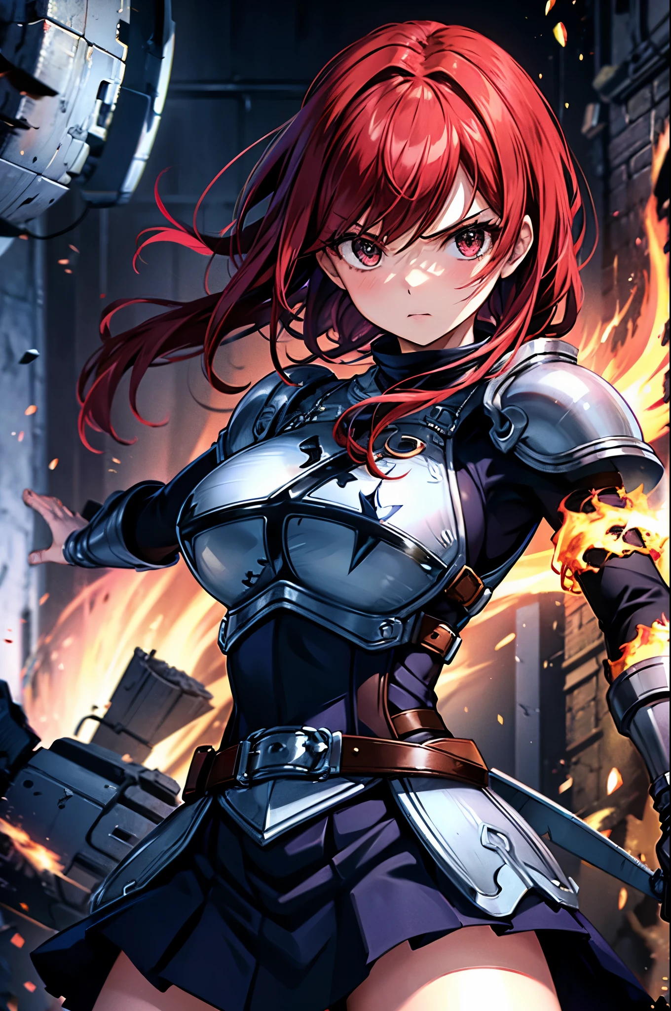 (masterpiece, best quality:1.2), expressive eyes, perfect face, highres, 1girl, solo, fairy tail, 1girl, long hair, red hair, brown eyes, armor, shoulder armor, gauntlets, breastplate, armored dress, belt, pleated skirt, blue skirt, hair over one eye, frown, ruins, destruction, badass stance, fire, standing, upper body portrait, looking at the viewer