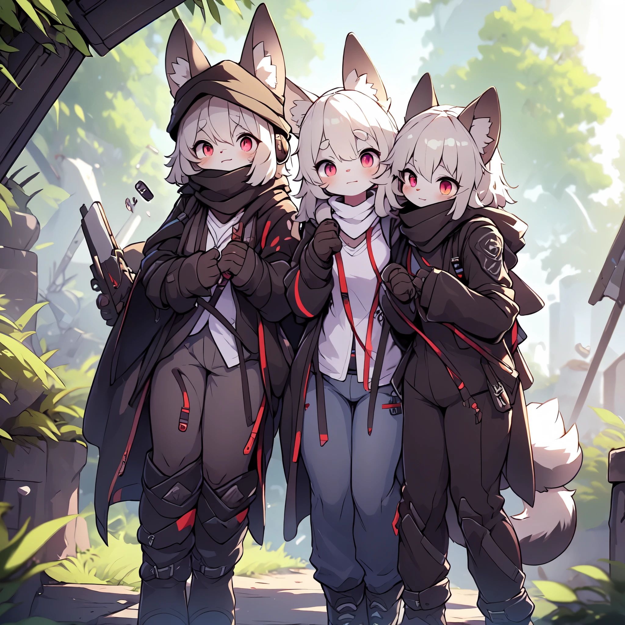 Kawaii, Striped Fluffy Fox, emaciated, long hair, 3girls, artificial synthetic skin, life support prosthetics, digital headphones, black tight latex bodysuit, white long dress, thigh-high-socks, shorts, loose off-the-shoulder hood open jacket, holsters in thigh, Mechanical boots, tactical knee pads, tactical belted loose Arm Sleeves, cybernetic Display gloves, chest rigs, tactical belts, blue archive halo, bulletproof goggles on forehead, from Ark nights, ray tracing, depth of field, bloom, masterpiece, ccurate, high details, highres