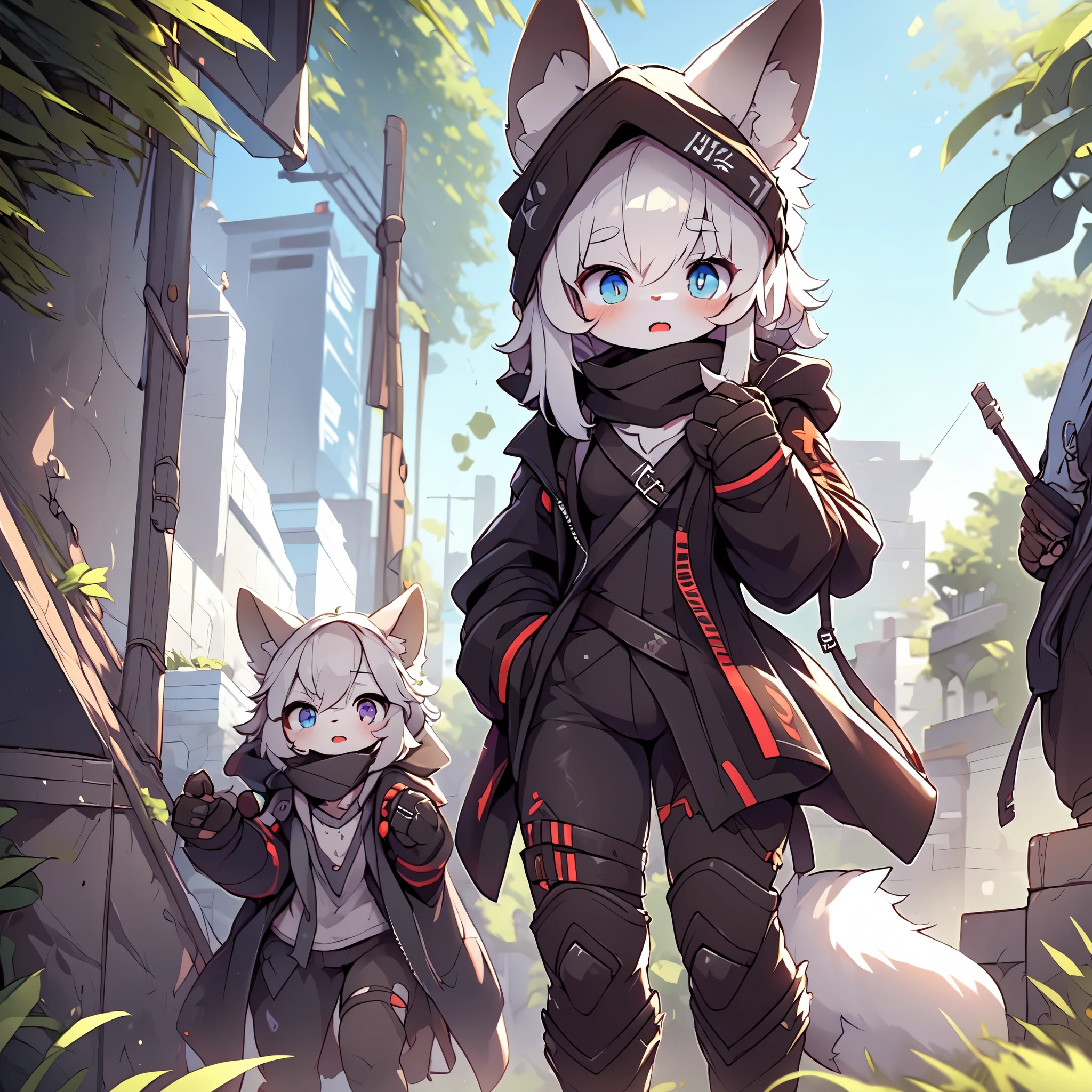 Kawaii, Striped Fluffy Fox, emaciated, long hair, 3girls, artificial synthetic skin, life support prosthetics, digital headphones, black tight latex bodysuit, white long dress, thigh-high-socks, shorts, loose off-the-shoulder hood open jacket, holsters in thigh, Mechanical boots, tactical knee pads, tactical belted loose Arm Sleeves, cybernetic Display gloves, chest rigs, tactical belts, blue archive halo, bulletproof goggles on forehead, from Ark nights, ray tracing, depth of field, bloom, masterpiece, ccurate, high details, highres