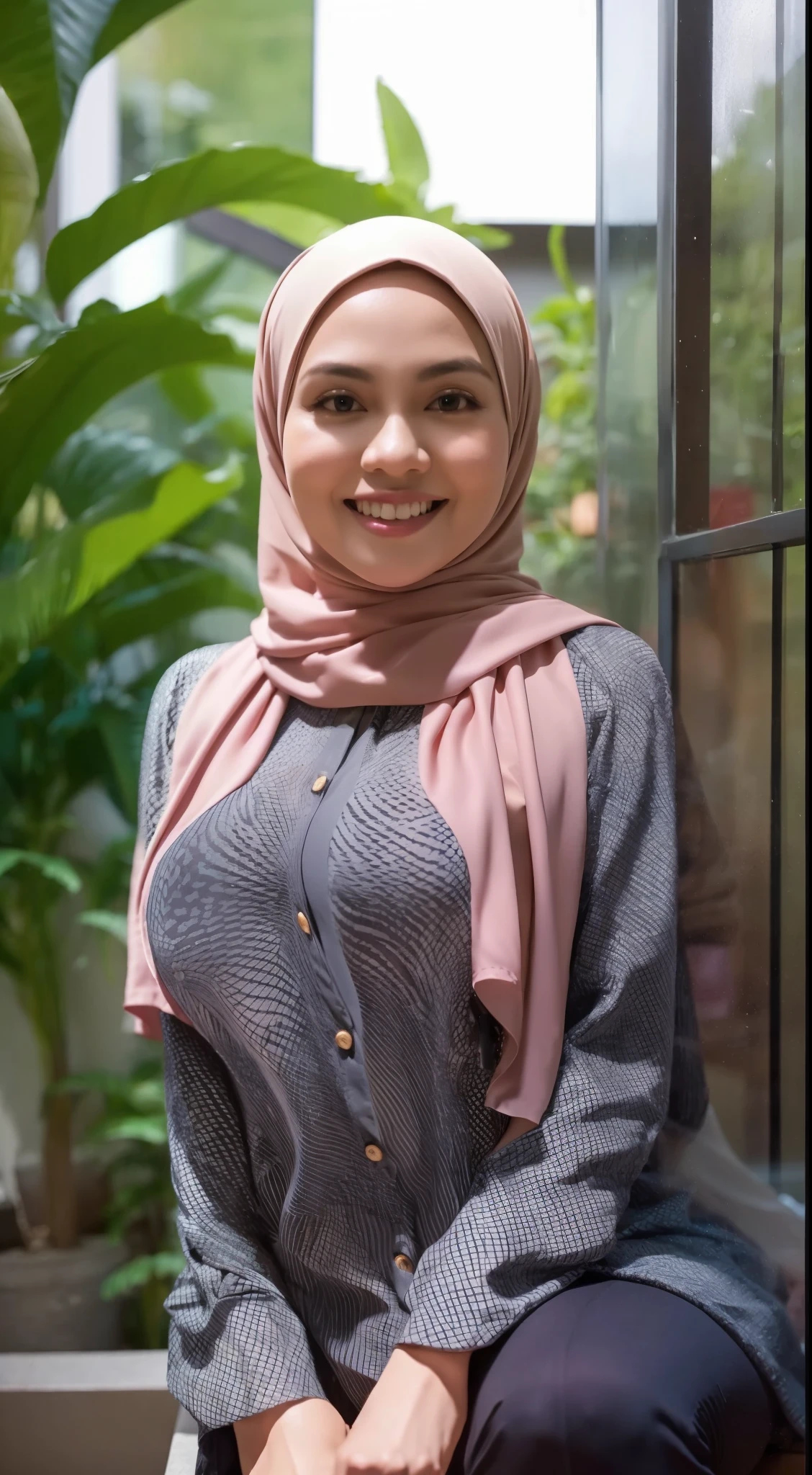 50 years Old, Hijab Indonesian mature woman, Big Tits : 66.9, Gamis, Breast out from her clothes : 1.9, at doctor office, Dark light, at Nighttime