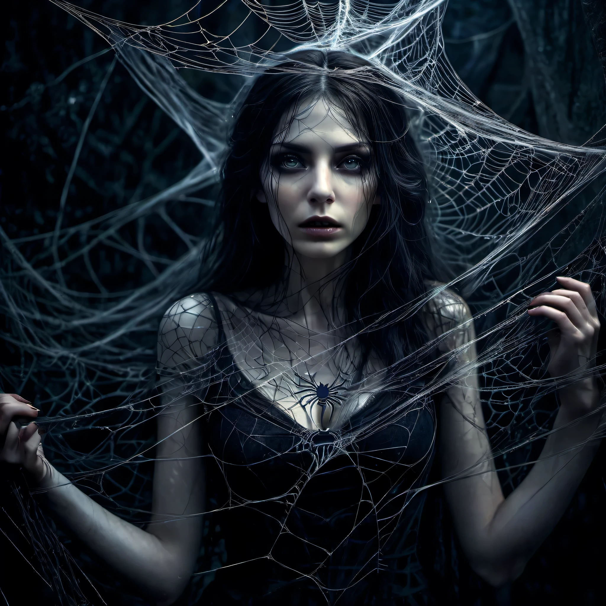 (highres,realistic) a woman entangled in the spider's web, cobweb, dark atmosphere, eerie, dimly lit, intense, struggling figure, detailed facial features, long flowing hair, eerie shadows, spider crawling on her shoulder, intricate spider web pattern, silky threads, twisted branches, misty background, gothic ambiance, fear and vulnerability, haunting beauty, dark elegance, mesmerizing eyes, nightmarish, spine-chilling, suspense, surreal, cinematic, dark fantasy, light piercing through the web, contrast of light and darkness, dramatic composition.