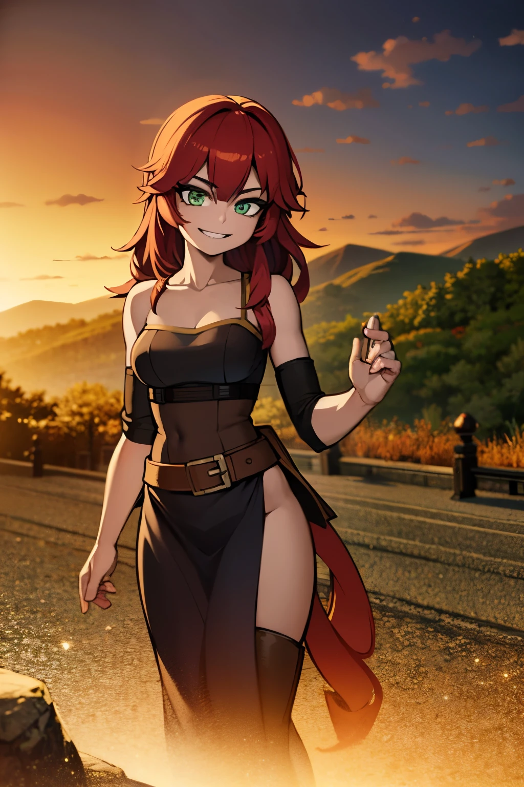 8k wallpaper, masterpiece, movie lighting, medieval setting, Beautiful female rogue with red hair and greenish eyes walking on a winding road with a smile on her face, sunrise with clear skies background, gremlin, mischievous smile