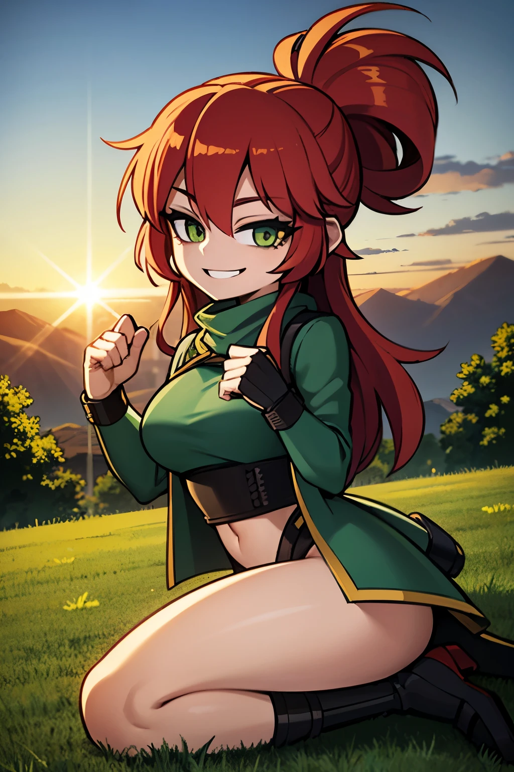 8k wallpaper, masterpiece, movie lighting, medieval setting, Beautiful female rogue with red hair and greenish eyes walking on a winding road with a smile on her face, sunrise with clear skies background, gremlin, mischievous smile