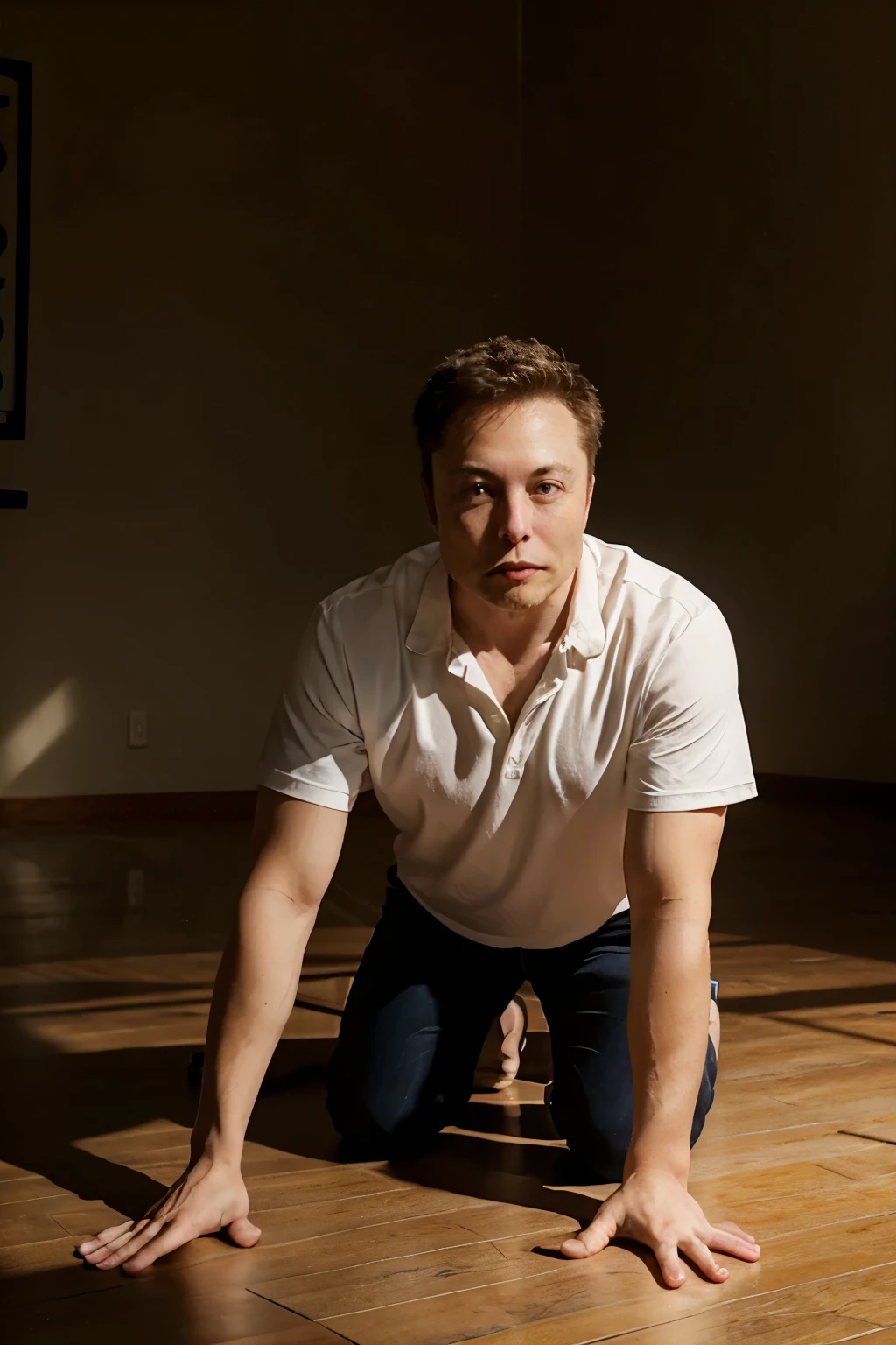 Elon Musk on all fours and a chip next to his legs