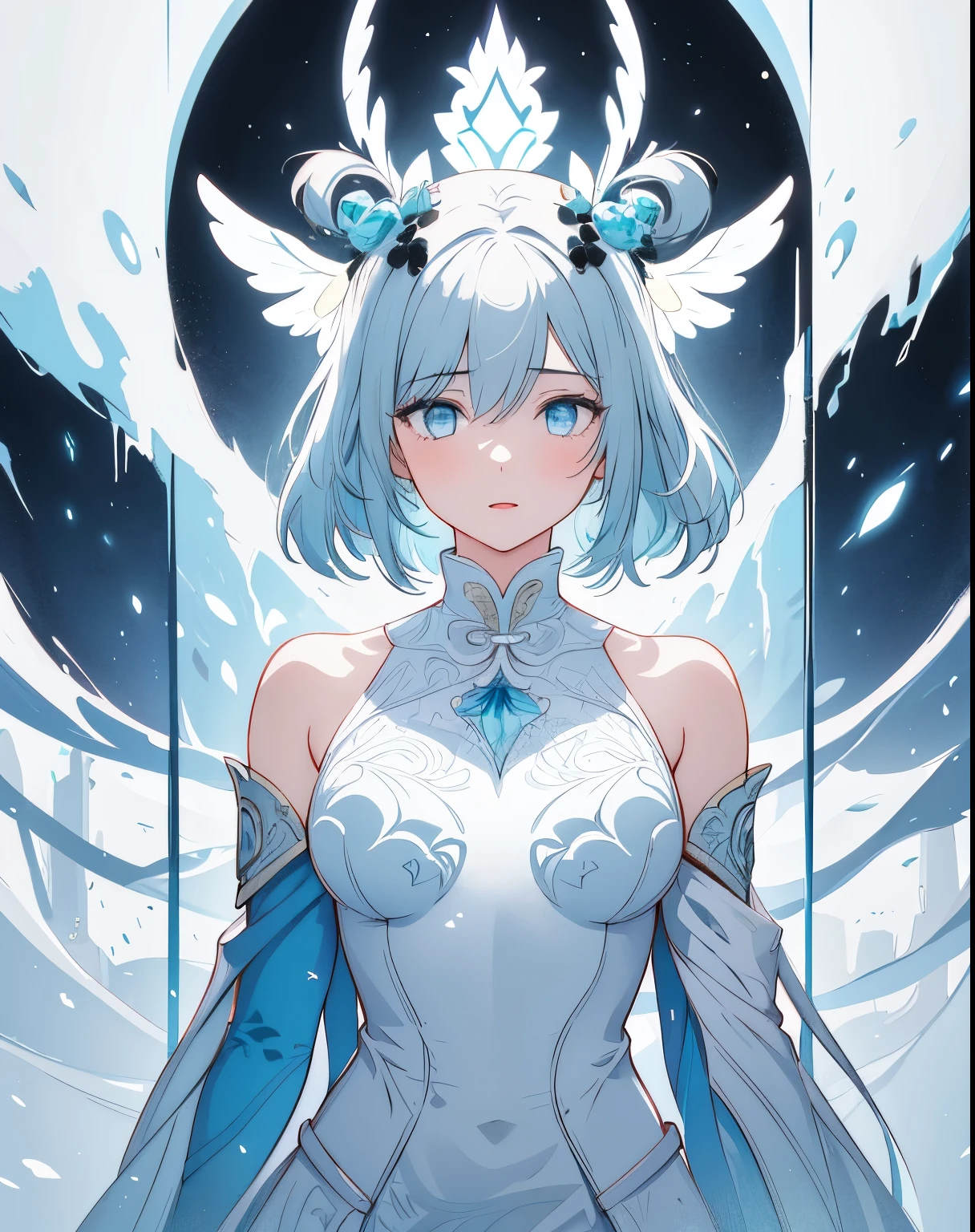 One girl, labrynth, Silver Hair, Grey Eyes, big breasts, horn, Cleavage, silver castle, Exquisite, blush, Nervous,Cowboy Shot, ,High quality generation of dark female characters, Unreasonable,Her figure is terribly beautiful, Emphasizing the dark and crazy elements. Skillfully expressing the effects of light and shadow, detailed, The face and expression are carefully drawn.., Artistic elements add depth to the work, With a unique artistic touch. This film is visually stimulating and aesthetically pleasing.,sketch (Character design sheet, same characters, whole body, Three-View, front, ~ ~ side, return), alone,Stained glass background, Setting picture