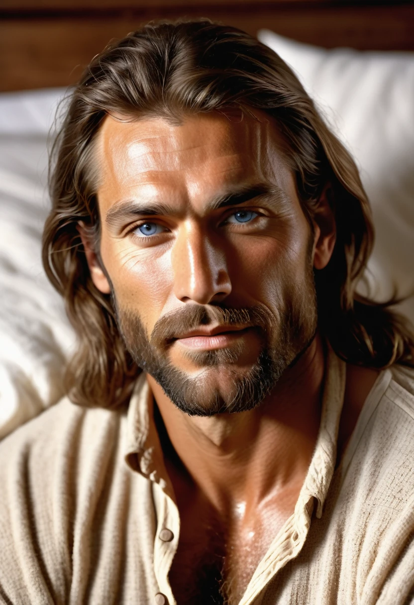 (highly detailed, soft light, detailed face, detailed skin, detailed eyes, photorealistic, dynamic light; cinematic); 1820's; 35 years old man; 3/4-German 1/4-Sioux Indian mix; 1820's fur-trader; leadership figure; strikingly handsome; wild man; defined cheekbones; defined strong jawline; longer chin; handsome face; strapping; desirous smirking expression; intimate atmosphere; masculine face; charismatic; grizzled; sensual; strong German nose; very attractive; burly broad figure with strong shoulders; ruddy weathered skin; long stubble beard; thick strong chestnut-brown eyebrows; fully naked wet very-hairy heavily muscled chest with chest-hair; long loose tousled chestnut-brown hair in half-up tied-back style; full firm masculine lips; lounging on an 1820's settlement bed in an 1820's Canadian settlement house; teasing sex, looking pleasured; natural light-blue eyes; 3/4-German 1/4-Sioux Indian mix; looking at camera; natural light-blue eyes;