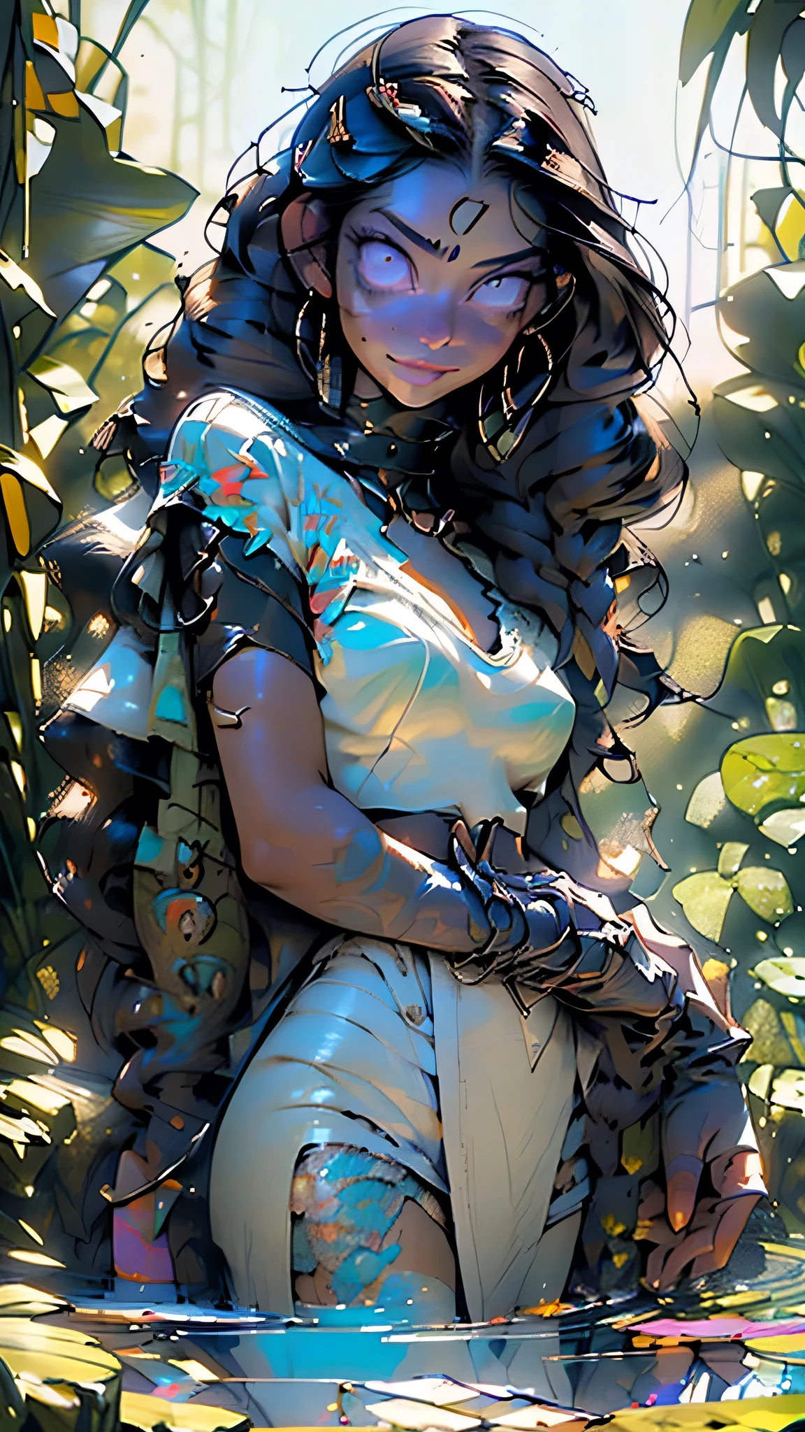 Cowgirl Goddess Beautiful Woman: Named Clarissa, appearing around 40 years old, depicted in an oil painting style. She has long black hair, very large breasts, and is wearing a cow-patterned crop top, She has a perfect face with black eyes, and a large butt. She is standing in a lush green meadow, exuding a serene yet captivating presence. The image should be highly detailed, 8k resolution, and capture the essence of a masterpiece, set in a picturesque and tranquil landscape.