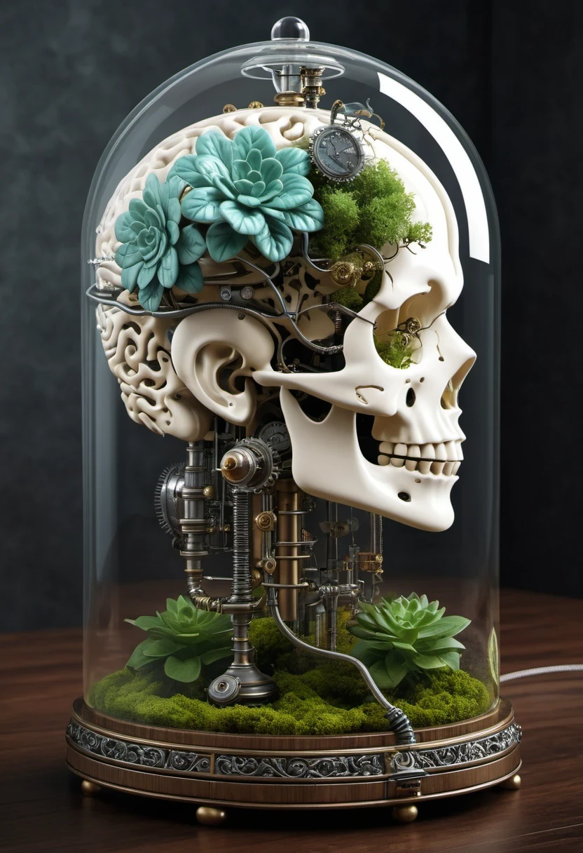 3D render of a sci-fi baroque concept design of anatomically correct brain device with terrarium, steampunk, intricate details, scientific, hyper detailed, photorealistic