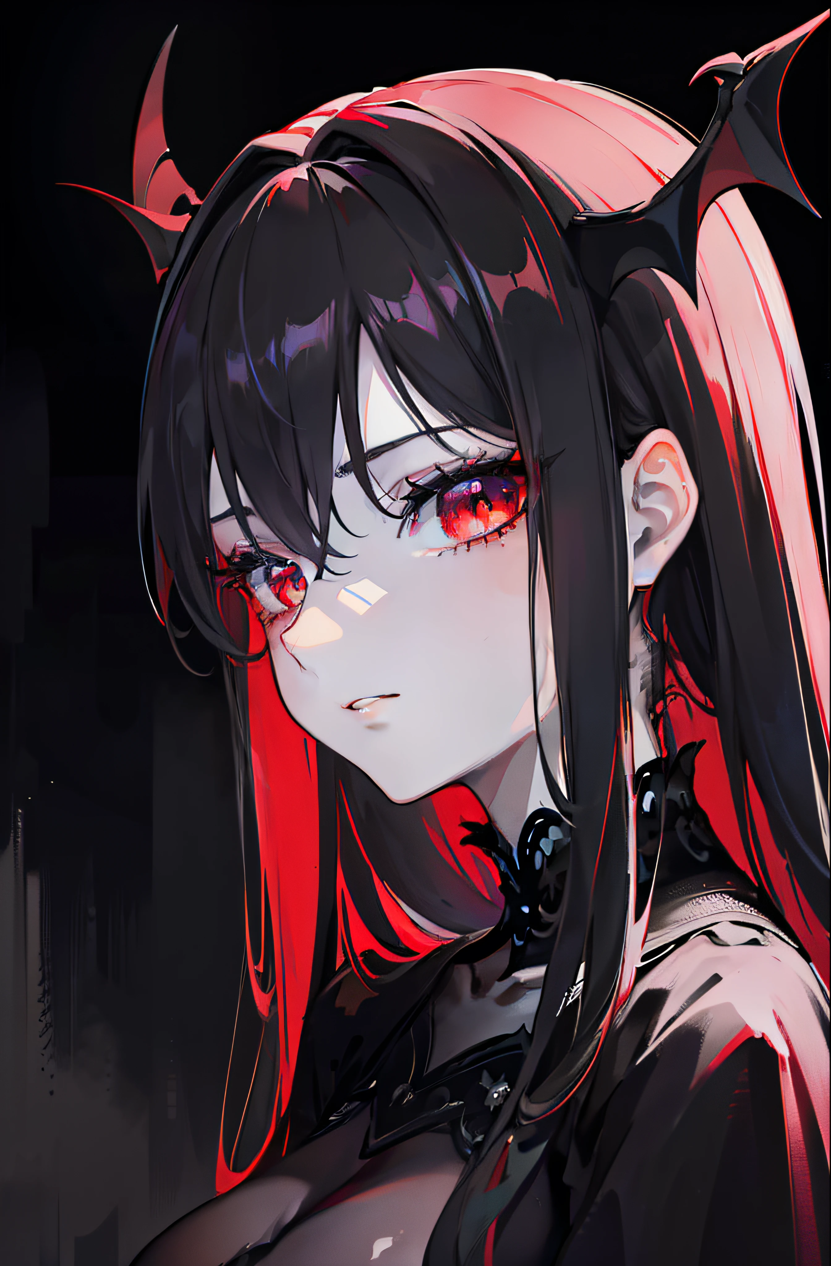 (best quality,4k,8k,highres,Meisterwerk:1.2),Ultra-detailliert,realistisch,schwarz-rote Haare,Lovely, detaillierte Augen,Lovely detaillierte Lippen,extrem detaillierte Augen und Gesicht,lange Wimpern,[schwarze und rote Kleidung],royal sister queen type,[Vampire Demon Girl],dark atmosphere,Gothic Style,sanfte und geheimnisvolle Beleuchtung,lebendige Farben,Dramatische Schatten,Beguilingly beautiful,Ethereal presence,elegante Haltung,selbstbewusster Blick,schwarze Spitzendetails,royal crown,black wings,Nachthimmel-Hintergrund,Mondlicht scheint,finstere Aura,Durchscheinende blasse Haut,fangs,Blutrote Augen,intensiver Blick,seductive smile.