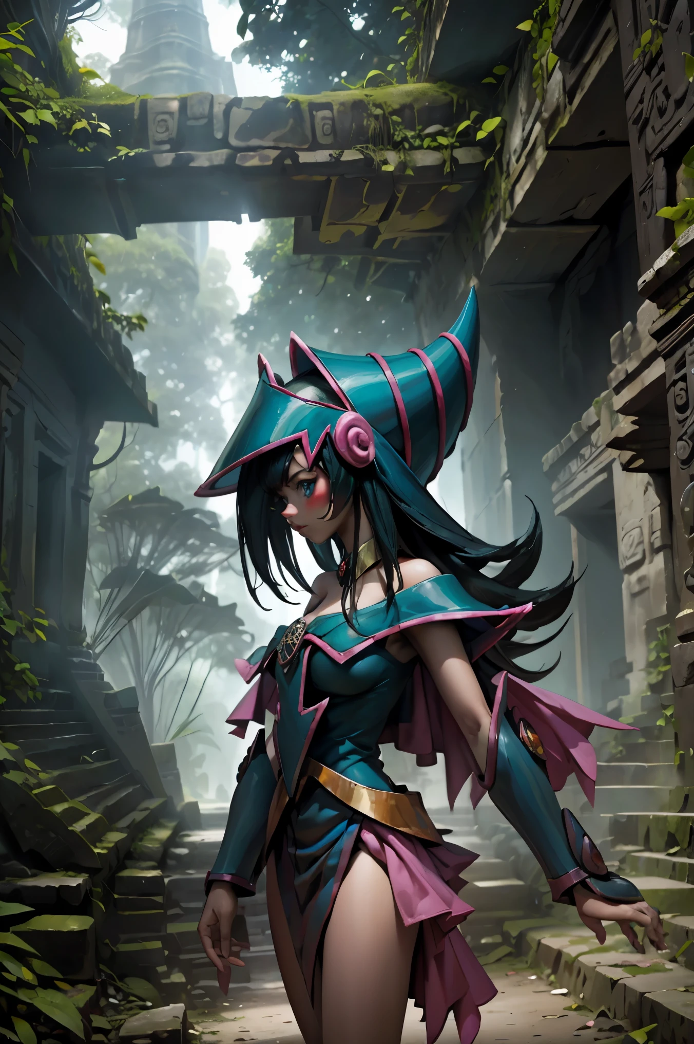 Hermosa dark magician gils. She is in the Mayan jungle. En medio de las ruinas mayas de Tikal. 