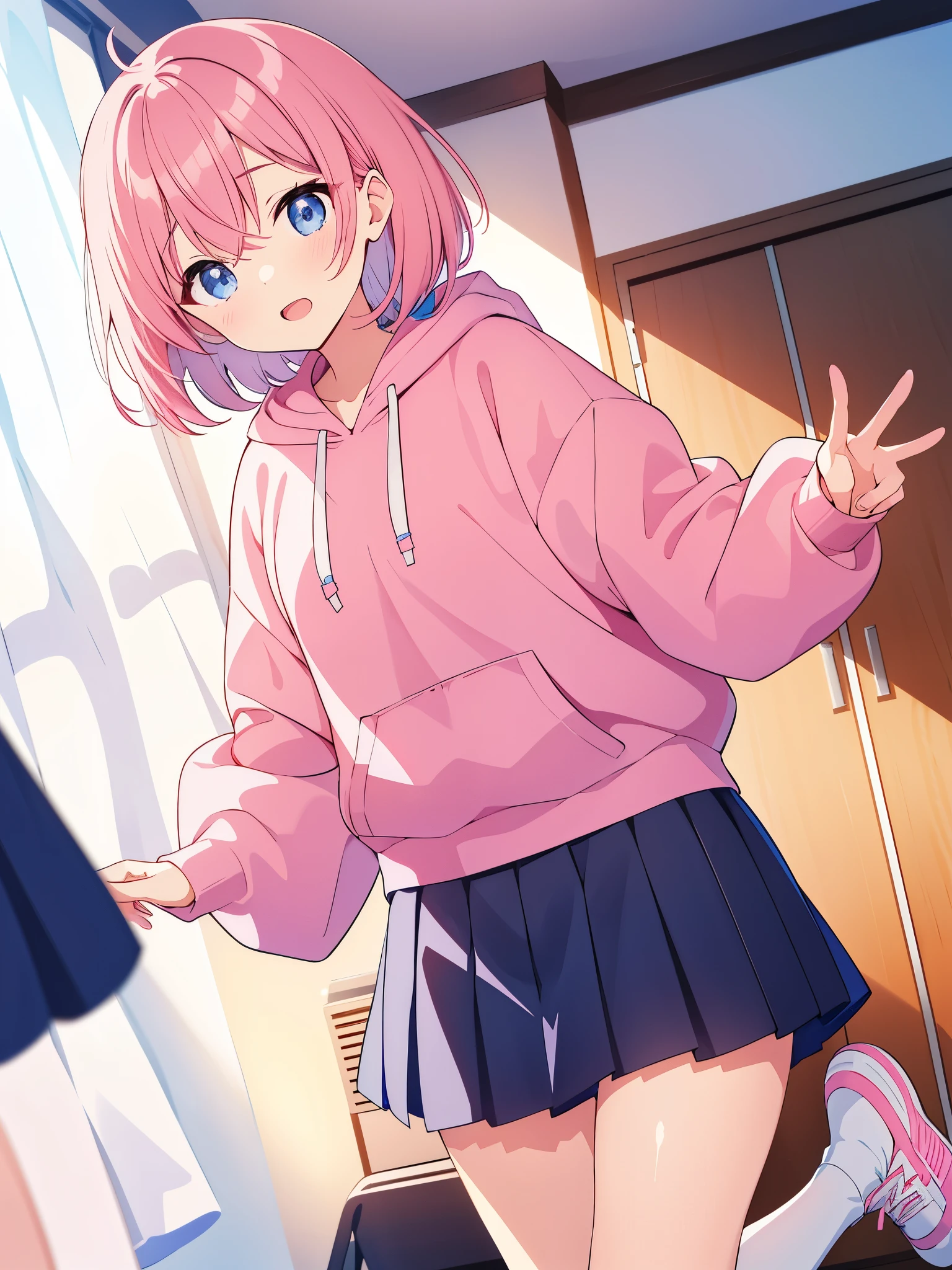 Beautiful vtuber girl short hair blue eyes pink hair in room with short black school skirt hoodie cute with white stockings pink tennis shoes with black