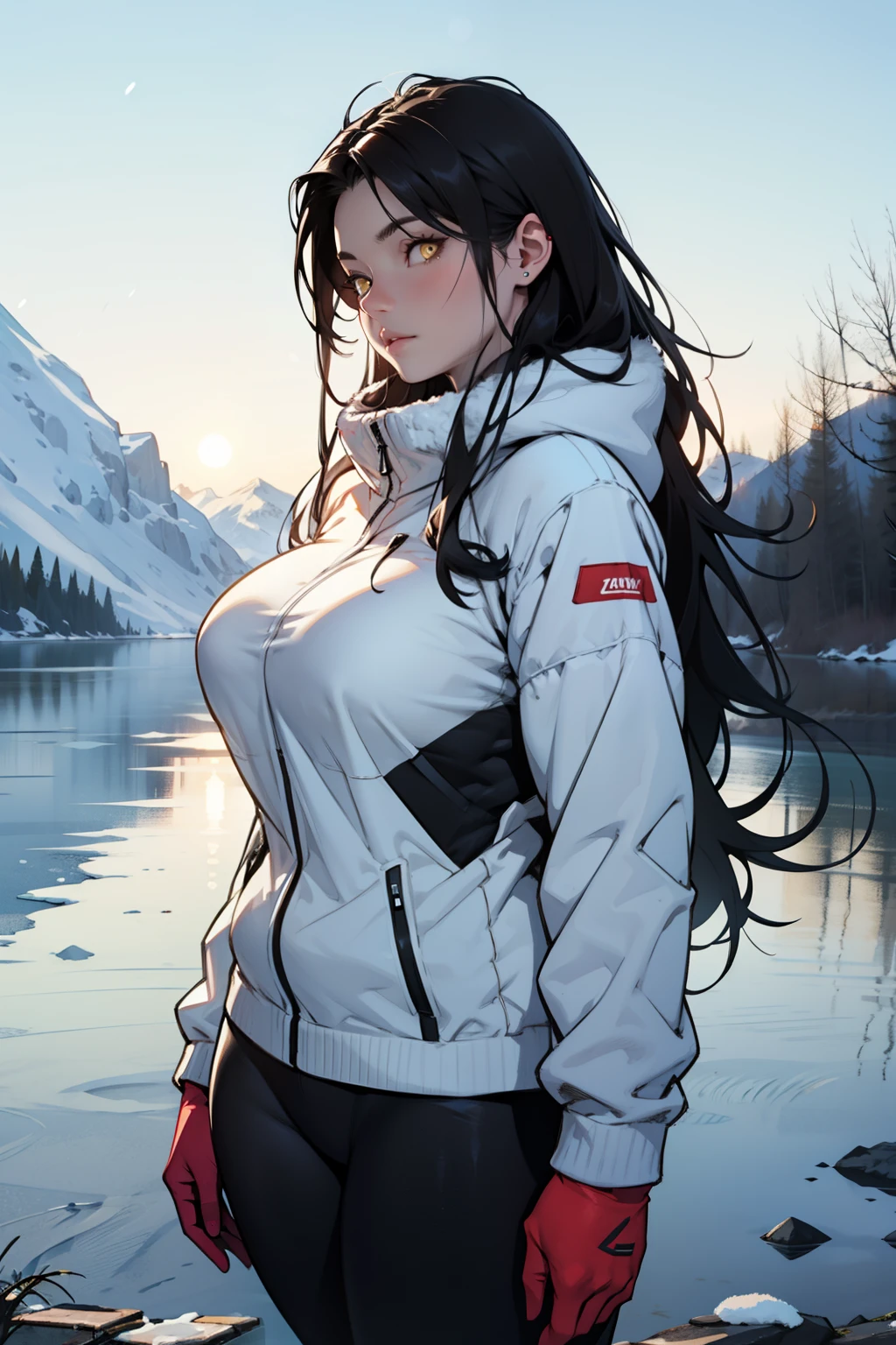 1 girl, black hair, yellow eyes, very long hair, pale skin, curvy, (extremely muscular), perky breasts, (winter clothes), frozen lake