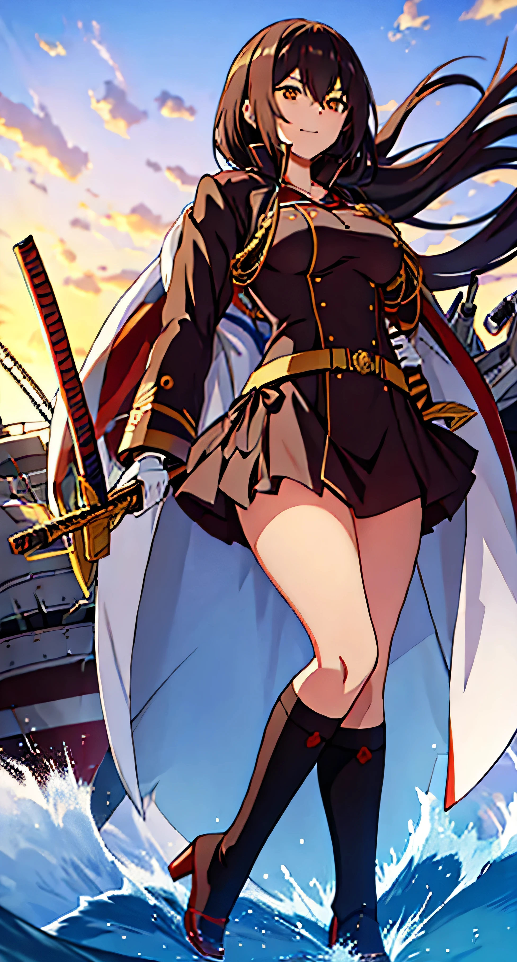 Mikasa de Azur Lane, haciendo una pose con su katana, sonriendo a la camara