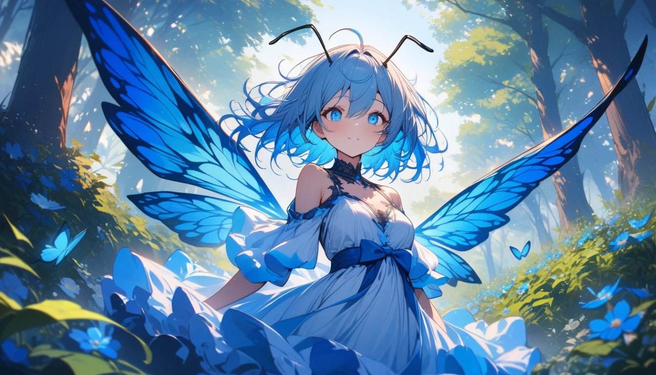 A beautiful blue-blue butterfly dances in the sunlight in a flower field, its transparent wings are illuminated by the light shining through the trees in the forest, it rests on the riverbank with wings of a color that harmonizes with the blue sky, and it is summer. Flying with the blue flowers under the sunlight, the antennae swaying in the wind towards the blue sky, feeling freedom, (masterpiece), (best quality), (ultra detailed), expressive eyes, perfect face, unreasonable, complex and detailed, incredibly absurdres absolutely resolution, highres, texture,