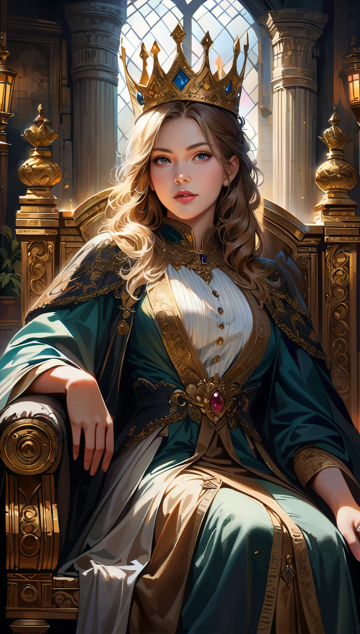 (best quality,4k,8k,highres,masterpiece:1.2),ultra-detailed,(realistic,photorealistic,photo-realistic:1.37),lora:wrc:1,wrc style,beautiful detailed eyes,beautiful detailed lips,extremely detailed eyes and face,longeyelashes,medium:1.1,oil painting,royal chamber,medieval castle,palace setting,gorgeous golden throne,soft candlelight,exquisite carvings,elaborate tapestries,ornate chandeliers,luxurious velvet curtains,richly adorned columns,beautiful woman,sitting,royal outfit,blond,graceful posture,regal presence,noble crown,jeweled accessories,sophisticated hairstyle,European elegance,vivid colors,lush greenery,hint of sunlight filtering through stained glass windows,stunning landscape view in the background,tranquil atmosphere,alpha blending,subtle textures,dramatic shadows, ethereal aura