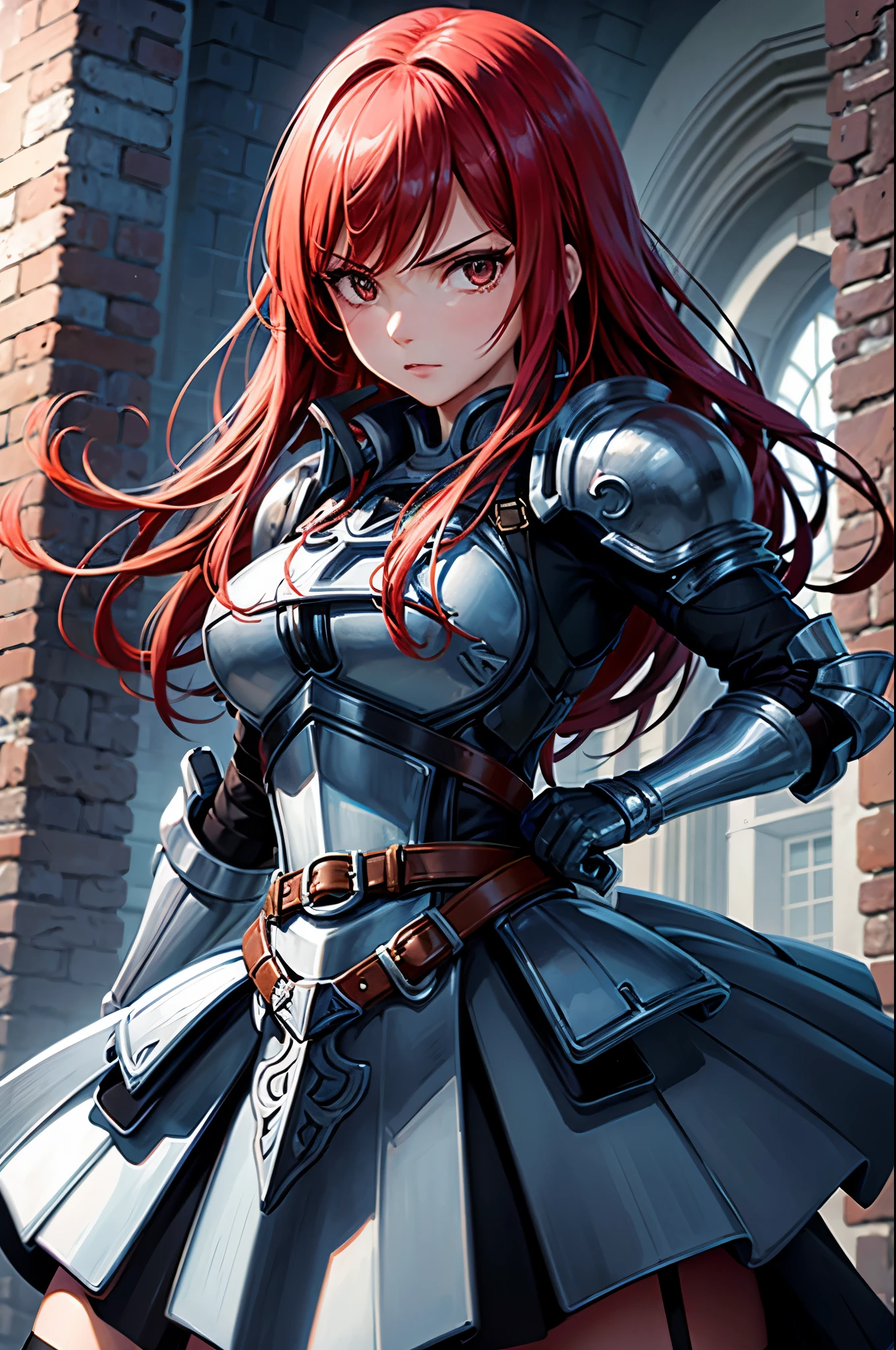 (masterpiece, best quality:1.2), expressive eyes, perfect face, highres, 1girl, solo, fairy tail, 1girl, long hair, red hair, brown eyes, armor, shoulder armor, gauntlets, breastplate, armored dress, belt, pleated skirt, blue skirt, hair over one eye, frown, ruins, destruction, badass stance, fire, standing, upper body portrait, looking at the viewer