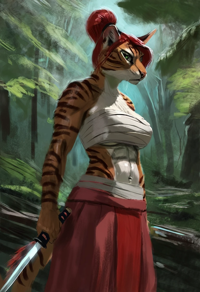 Female feline, solo, masterpiece, by killioma, samurai ronin, dark red skirt, standing, forest, serious expression, abs, chest wraps, ponytail hair, stripes, katana