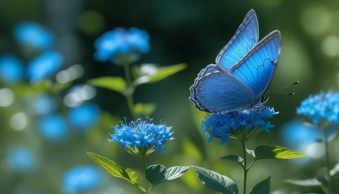 A beautiful blue-blue butterfly dances in the sunlight in a flower field, its transparent wings are illuminated by the light shining through the trees in the forest, it rests on the riverbank with wings of a color that harmonizes with the blue sky, and it is summer. Flying with the blue flowers under the sunlight, the antennae swaying in the wind towards the blue sky, feeling freedom, (masterpiece), (best quality), (ultra detailed), expressive eyes, perfect face, unreasonable, complex and detailed, incredibly absurdres absolutely resolution, highres, texture,