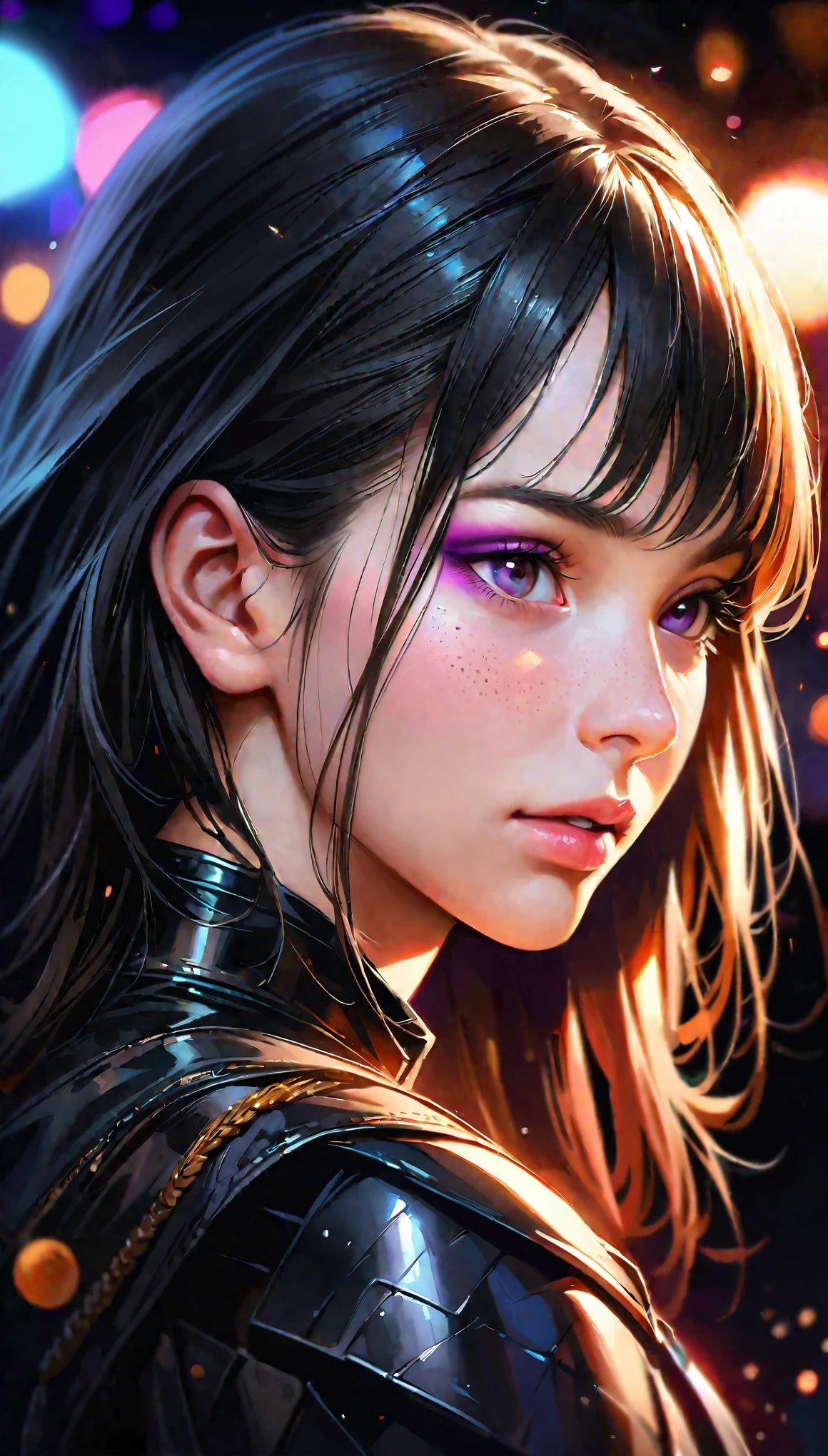 (best quality,4k,8k,highres,masterpiece:1.2),ultra-detailed,(realistic,photorealistic,photo-realistic:1.37),HDR,UHD,studio lighting,ultra-fine painting,sharp focus,physically-based rendering,extreme detail description,professional,vivid colors,bokeh,portrait,woman with wavy black hair,purple eyes,black alien armor,wearing black alien armor,woman wearing black alien armor,freckles,blush,eyeshadow,cute face