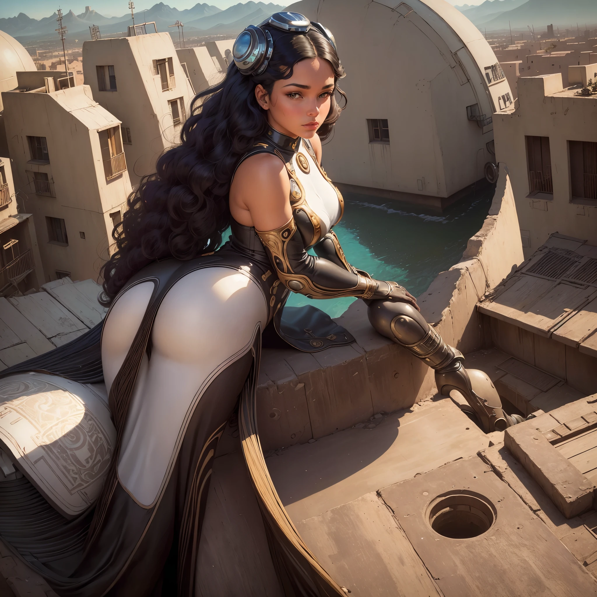 by Michael Parkes and Diego Rivera, (retro futurism , digital art but extremely beautiful:1.4),a close up of a young latina women sitting at the top of a favela. At the top you could see popular houses and a horizon of vegetation, with the sun in the spotlight.