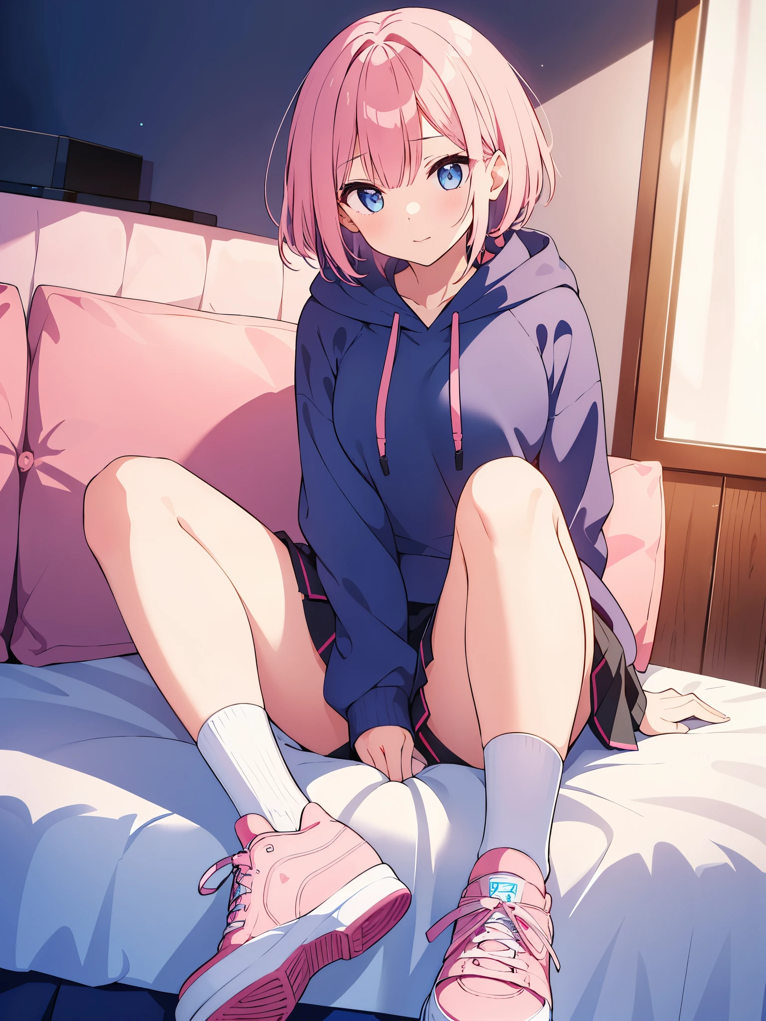  1 Beautiful vtuber girl short hair blue eyes pink hair in room with short black school skirt hoodie cute with white stockings pink tennis shoes with black 