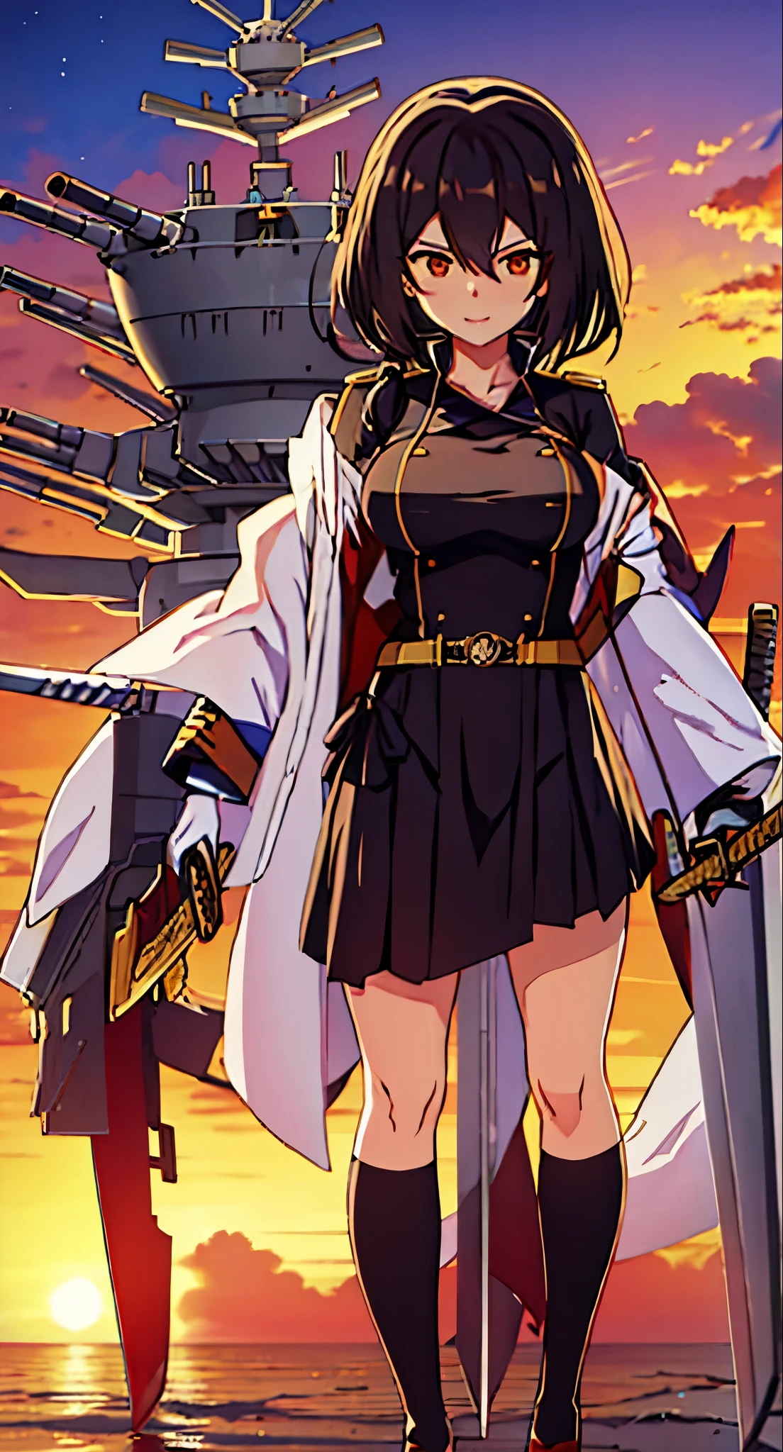 Mikasa de Azur Lane, haciendo una pose con su katana, sonriendo a la camara