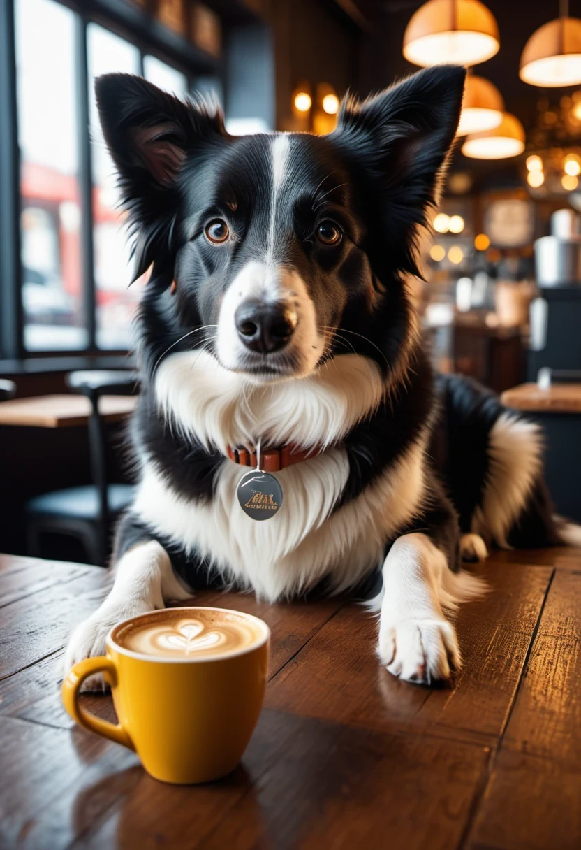 cinematic photo art print of a Border Collie with cute face drinking coffee in cafe, front facing, in the style of vfxfriday, real photo, cinematic photorealistic, 8k uhd natural lighting, raw, rich, intricate details, key visual, atmospheric lighting, 35mm photograph, film, bokeh, professional, 4k, highly detailed, cinematic, colorful background, concept art, 8k, dramatic lighting, high detail, highly detailed, hyper realistic, intricate, intricate sharp details, octane render, smooth, studio lighting, trending on artstation. . 35mm photograph, film, bokeh, professional, 4k, highly detailed