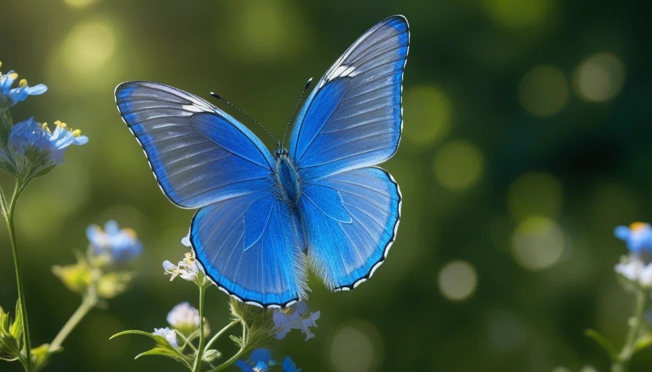 A beautiful blue-blue butterfly dances in the sunlight in a flower field, its transparent wings are illuminated by the light shining through the trees in the forest, it rests on the riverbank with wings of a color that harmonizes with the blue sky, and it is summer. Flying with the blue flowers under the sunlight, the antennae swaying in the wind towards the blue sky, feeling freedom, (masterpiece), (best quality), (ultra detailed), expressive eyes, perfect face, unreasonable, complex and detailed, incredibly absurdres absolutely resolution, highres, texture,