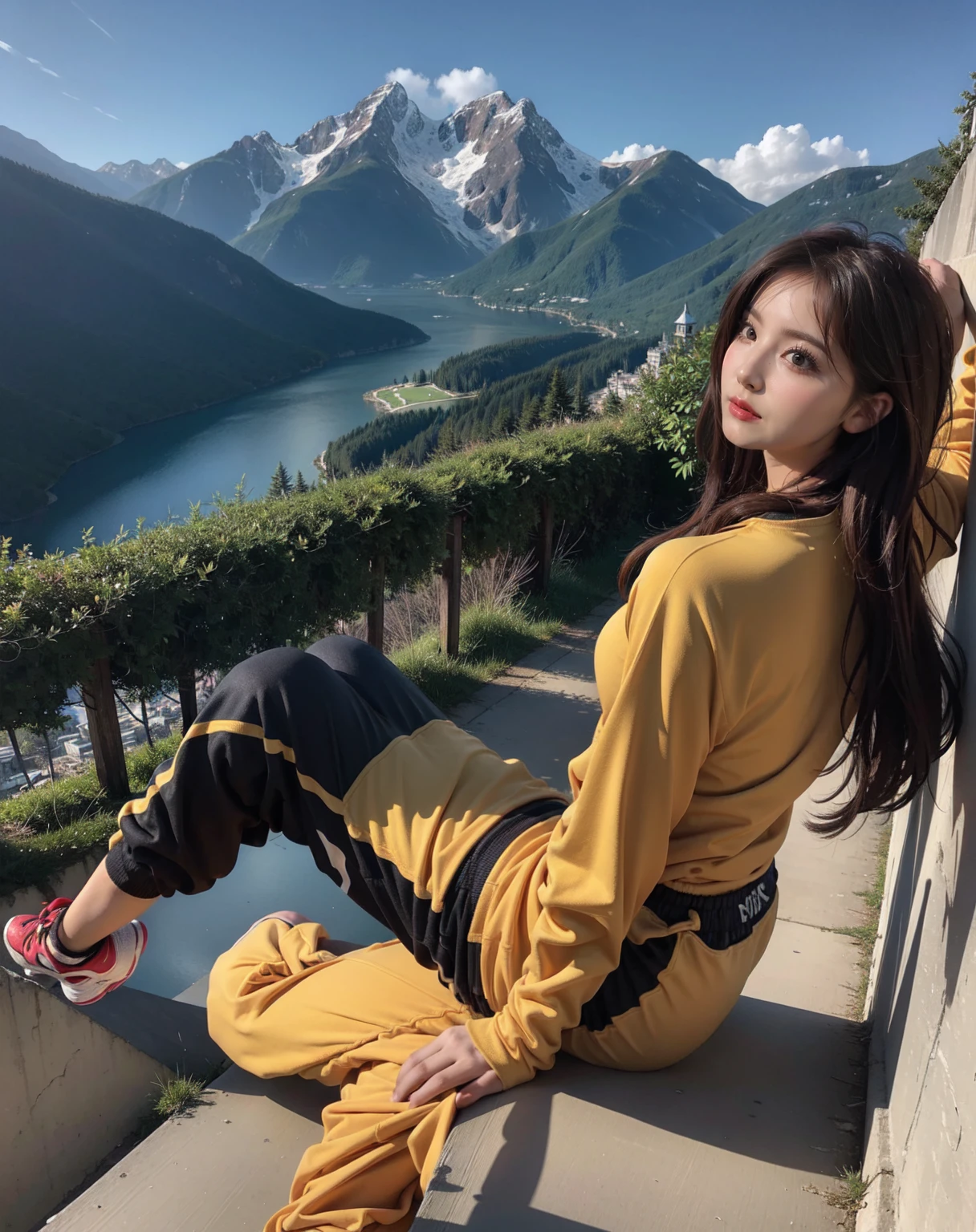 highest quality, masterpiece, Highly detailed background, Majestic Mountain々Back view of a girl climbing a hill, ((Climber-style clothing in sportswear with long sleeves and long pants)), A person stretching out in the sunlight shining through the mountaintop, Beautiful landscapes in earth tones, A hopeful view, Expressions that give viewers a gentle feeling, Focusing on the landscape、Make portrait smaller..