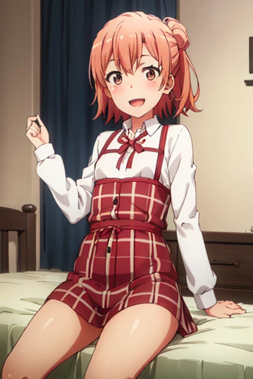 ((highest quality)), ((masterpiece)), (be familiar with), Perfect Face, indoor, Bedroom, Watching the audience,
One woman, Yuigahama Yui,
Open Mouth, Ecstatic expression, blush, smile,
Small breasts, Flat Chest, Young Girl, , , Girl,
Short Hair, Salmon-colored hair, Salmon-colored eyes, Side Pony,
Leg spread,