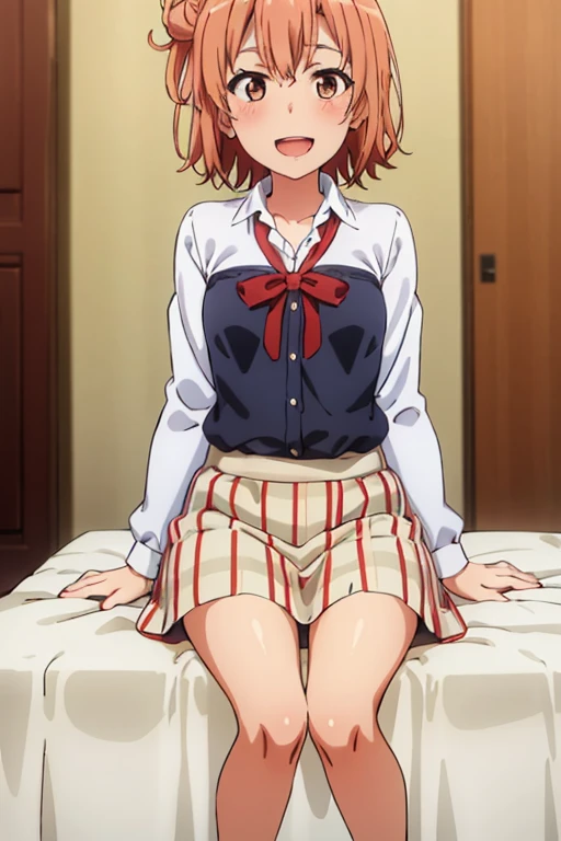 ((highest quality)), ((masterpiece)), (be familiar with), Perfect Face, indoor, Bedroom, Watching the audience,
One woman, Yuigahama Yui,
Open Mouth, Ecstatic expression, blush, smile,
Small breasts, Flat Chest, Young Girl, , , Girl,
Short Hair, Salmon-colored hair, Salmon-colored eyes, Side Pony,
Leg spread,