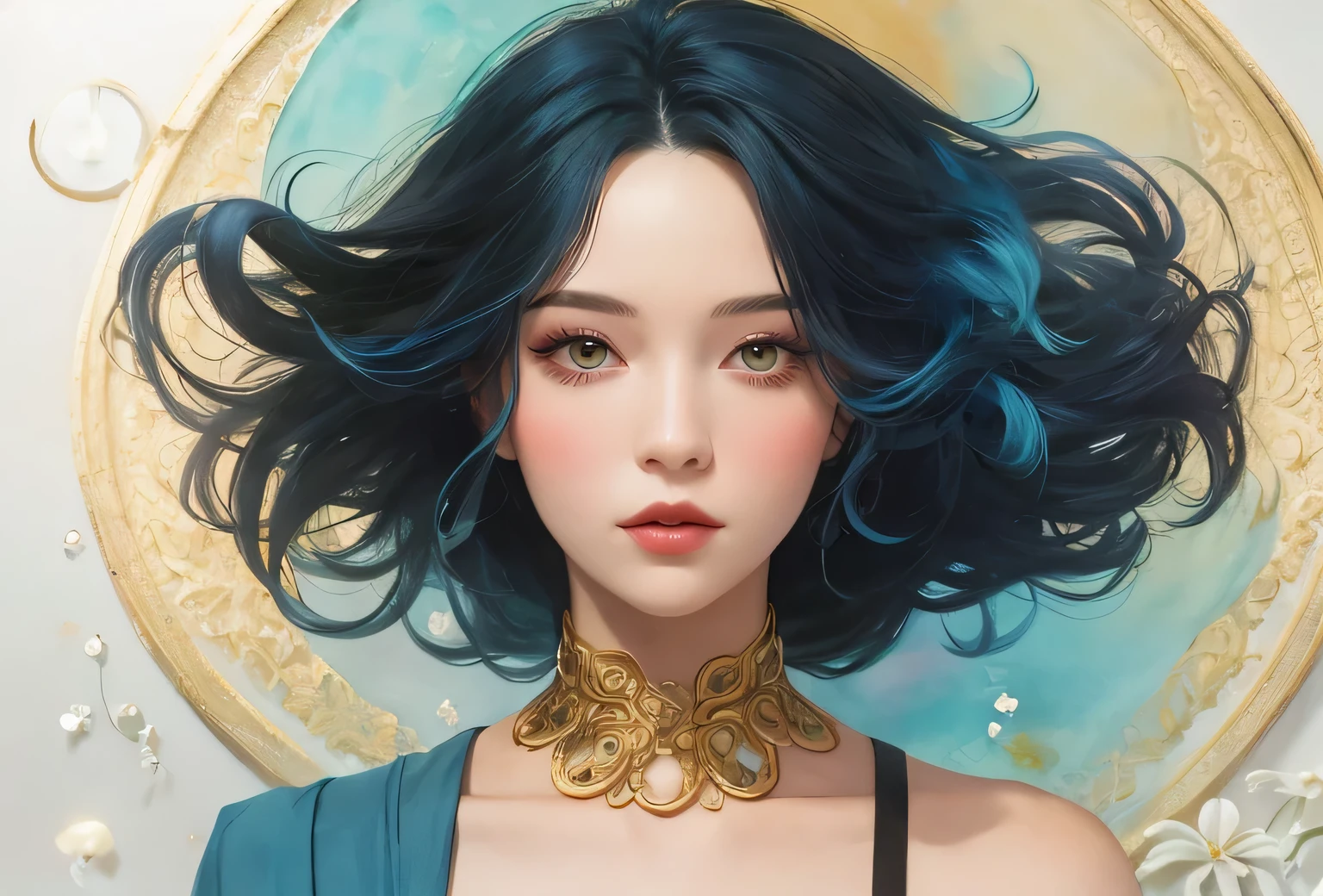 a watercolor painting of a woman with long black hair and a black dress, 2 girl with blue hair, style of charlie bowater, jen bartel, in style of charlie bowater, woman with flat hair, in style of anna dittmann, charlie bowater rich deep colors, inspired by Jeremiah Ketner, Inspired by Harumi Hiỉonaka, golden ratio. 