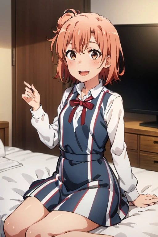 ((highest quality)), ((masterpiece)), (be familiar with), Perfect Face, indoor, Bedroom, Watching the audience,
One woman, Yuigahama Yui,
Open Mouth, Ecstatic expression, blush, smile,
Small breasts, Flat Chest, Young Girl, , , Girl,
Short Hair, Salmon-colored hair, Salmon-colored eyes, Side Pony,
Leg spread,