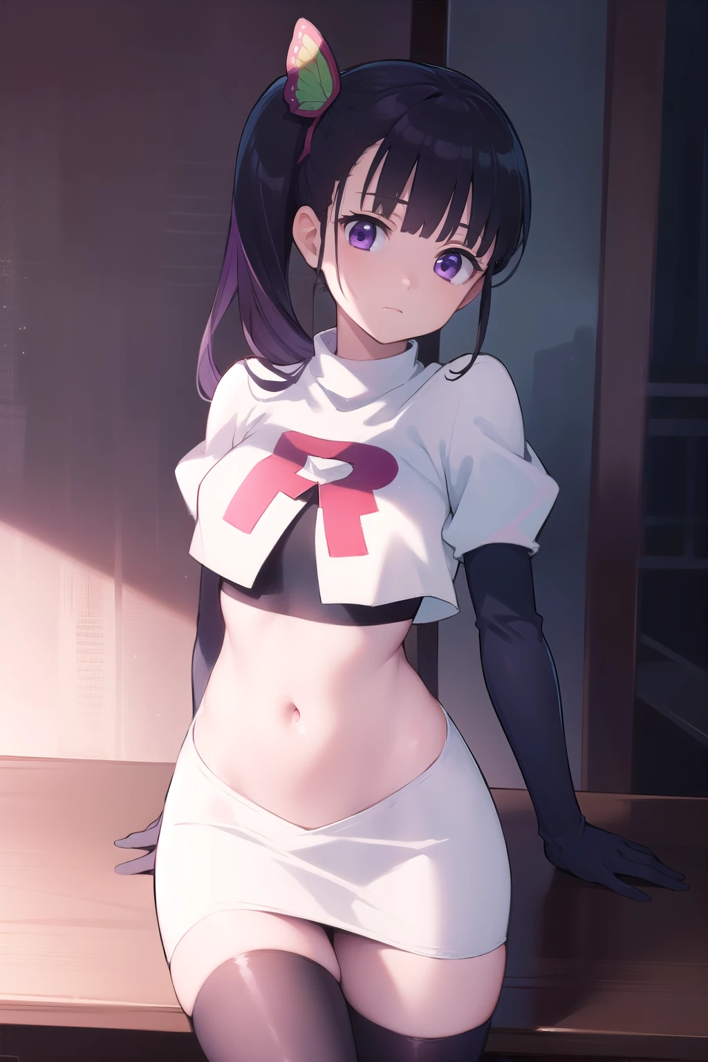 kanaotsuyuri, kanao tsuyuri, black hair, butterfly, butterfly hair ornament, (purple eyes:1.1), side ponytail, ponytail,
BREAK team rocket,team rocket uniform, red letter R, white skirt,white crop top,black thigh-highs,black elbow gloves
BREAK looking at viewer,
BREAK (masterpiece:1.2), best quality, high resolution, unity 8k wallpaper, (illustration:0.8), (beautiful detailed eyes:1.6), extremely detailed face, perfect lighting, extremely detailed CG, (perfect hands, perfect anatomy),