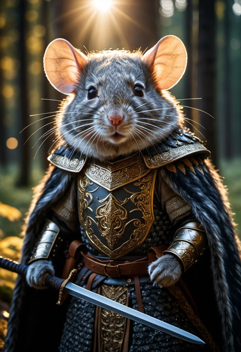 cinematic film still cinematic photo cinematic photo highly detailed portrait of a wise old mouse warrior (intricate armor:1.4) in a dark woolen cloak with a shining sword, (fur:1.4),deep dark forest background, (shallow depth of field:1.4), foliage, global illumination, radiant light, detailed and intricate environment, golden hour , Sun on face., cinematic photorealistic, 8k uhd natural lighting, raw, rich, intricate details, key visual, atmospheric lighting, 35mm photograph, film, bokeh, professional, 4k, highly detailed . 35mm photograph, film, bokeh, professional, 4k, highly detailed . shallow depth of field, vignette, highly detailed, high budget, bokeh, cinemascope, moody, epic, gorgeous, film grain, grainy