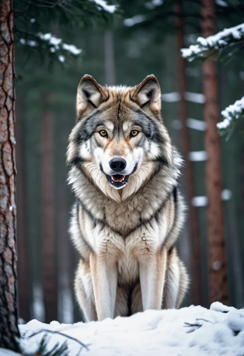 cinematic photo Face of a timber wolf looking at the camera, (snarling hackles raised) in a snowy winter pine forest. . 35mm photograph, film, bokeh, professional, 4k, highly detailed