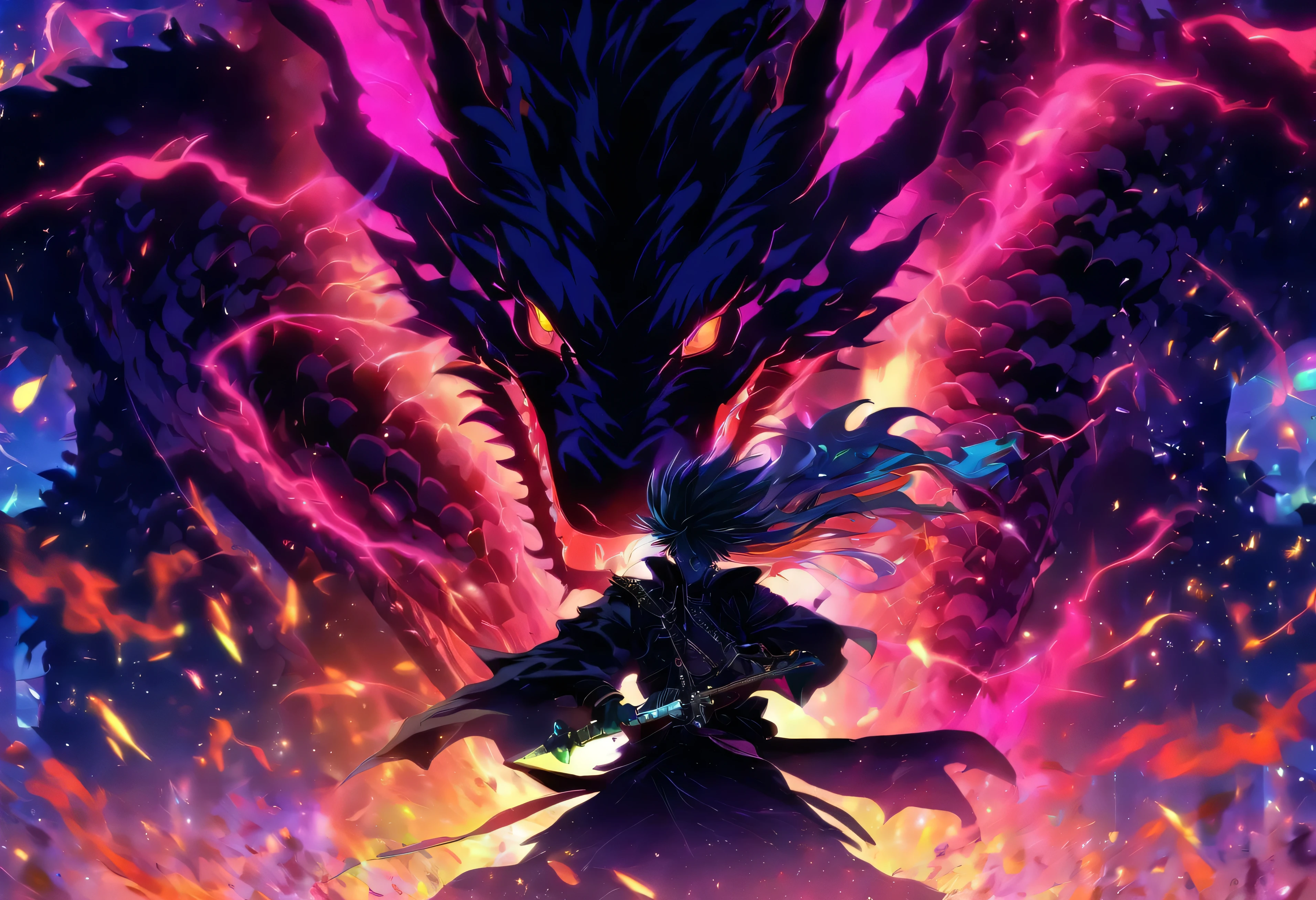 (ein schwarzes Thema,18K resolution,sehr detailliert,Meisterteil:1.2),a dark young man in a white robe,holding a purple glowing sword,Giftstoffe in der Luft,mit der schwachen, geisterhaften Silhouette eines schwarzen Drachen, that hovers above his head.